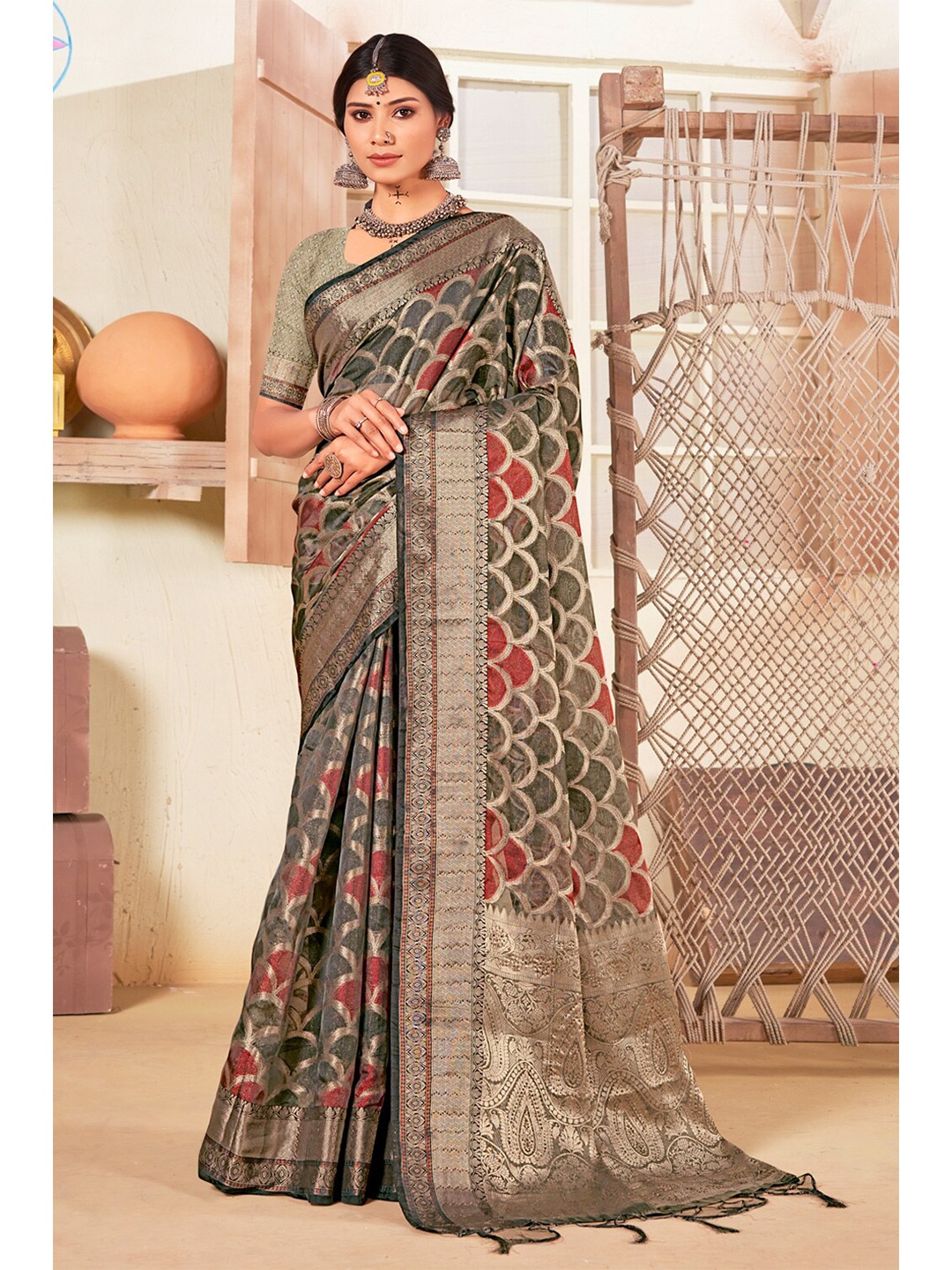 

SANGAM PRINTS Woven Design Zari Organza Saree, Grey