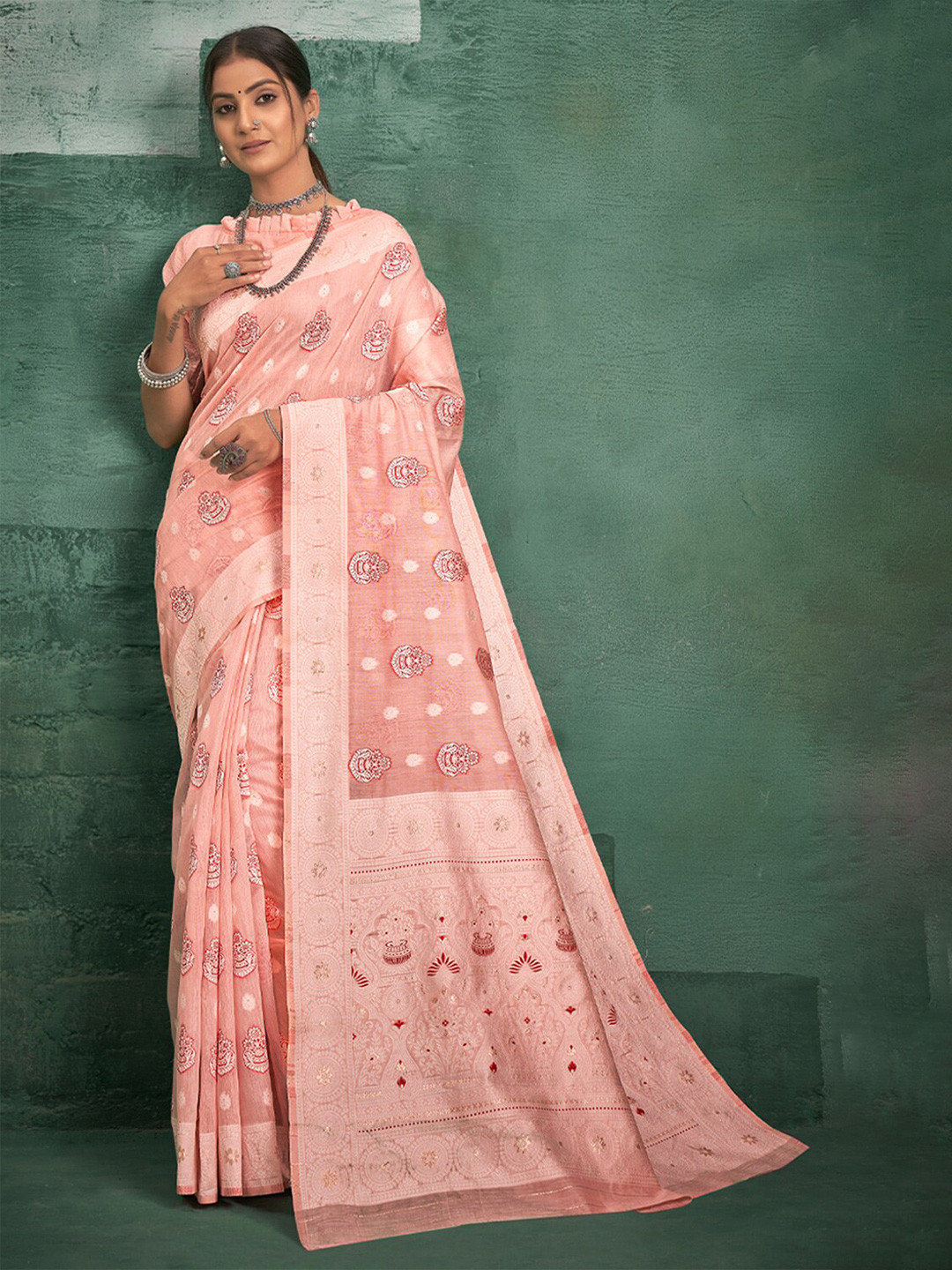 

SANGAM PRINTS Ethnic Motifs Woven Design Zari Saree, Peach