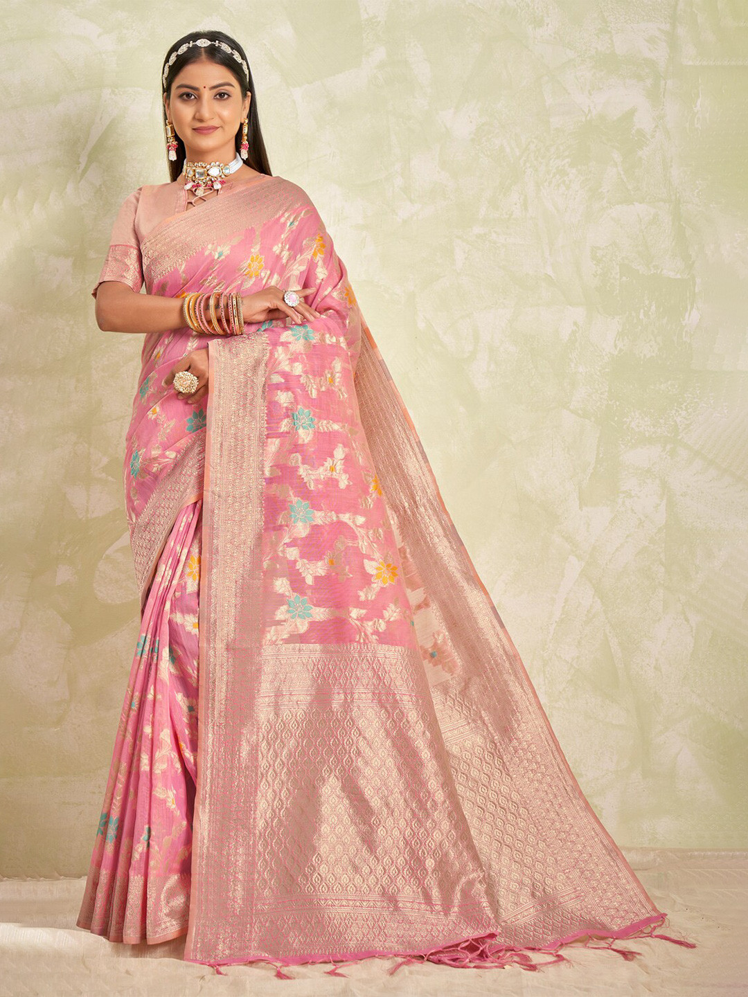 

SANGAM PRINTS Floral Woven Design Zari Saree, Pink