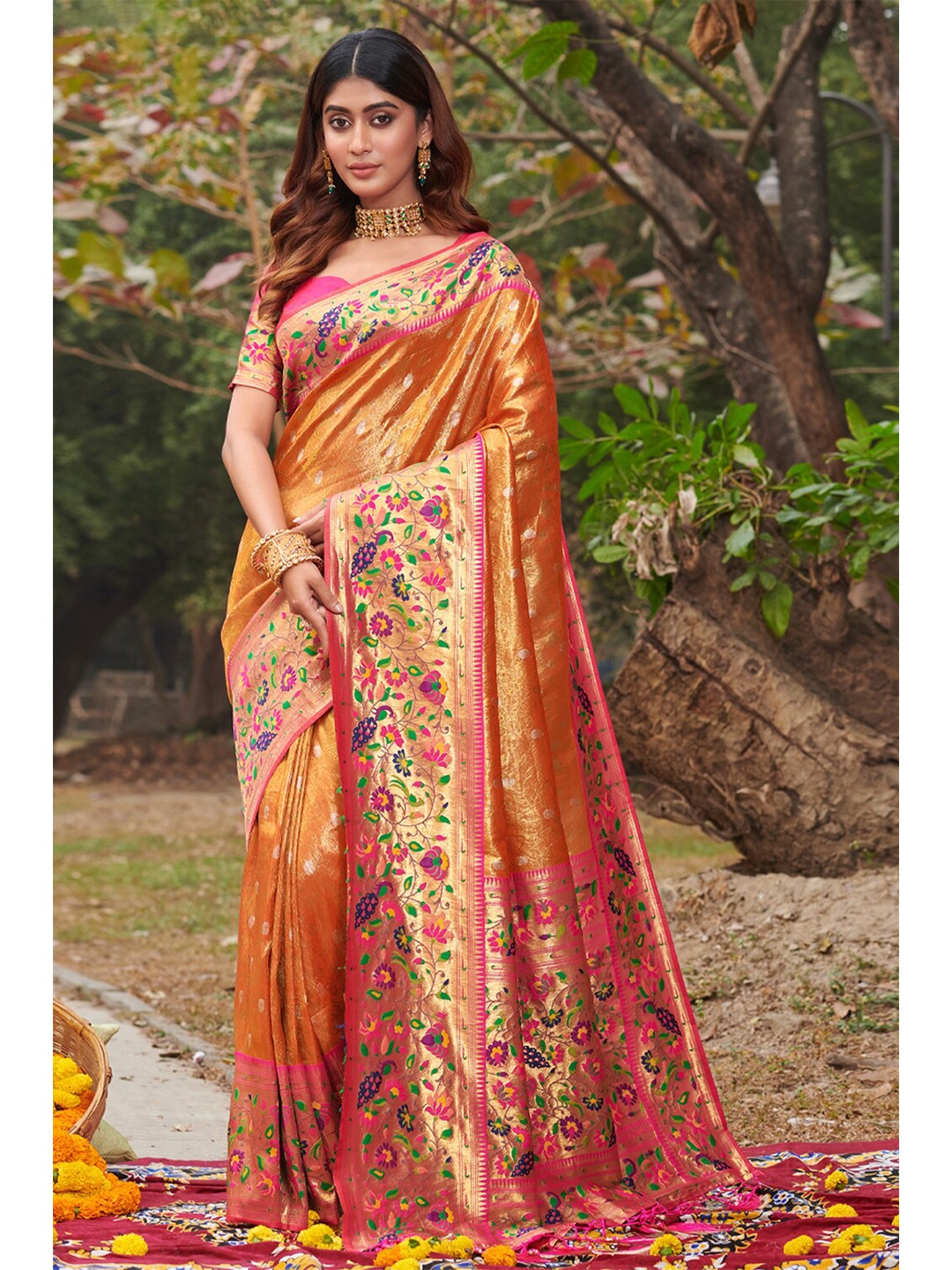 

SANGAM PRINTS Ethnic Motif Woven Design Zari Pure Silk Paithani Saree, Orange