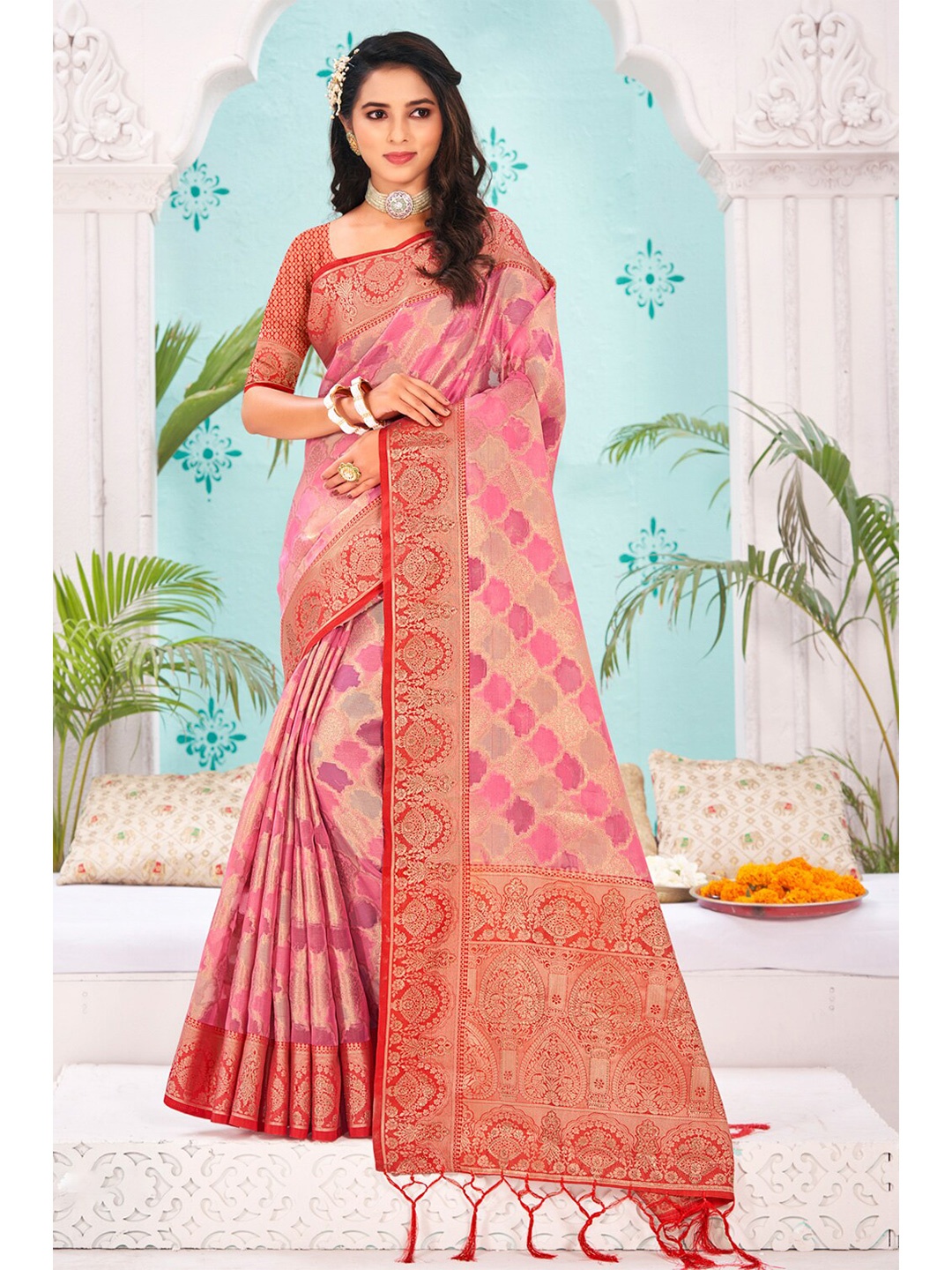 

SANGAM PRINTS Woven Design Zari Organza Saree, Pink