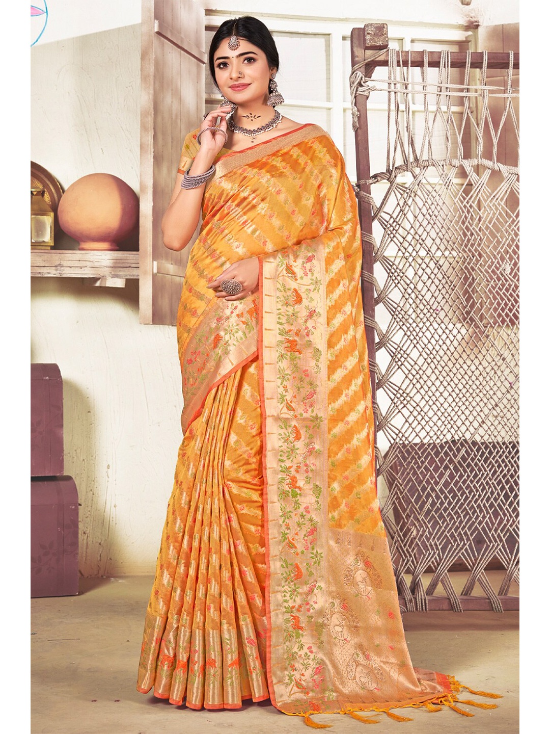 

SANGAM PRINTS Woven Design Zari Organza Saree With Tassels, Mustard