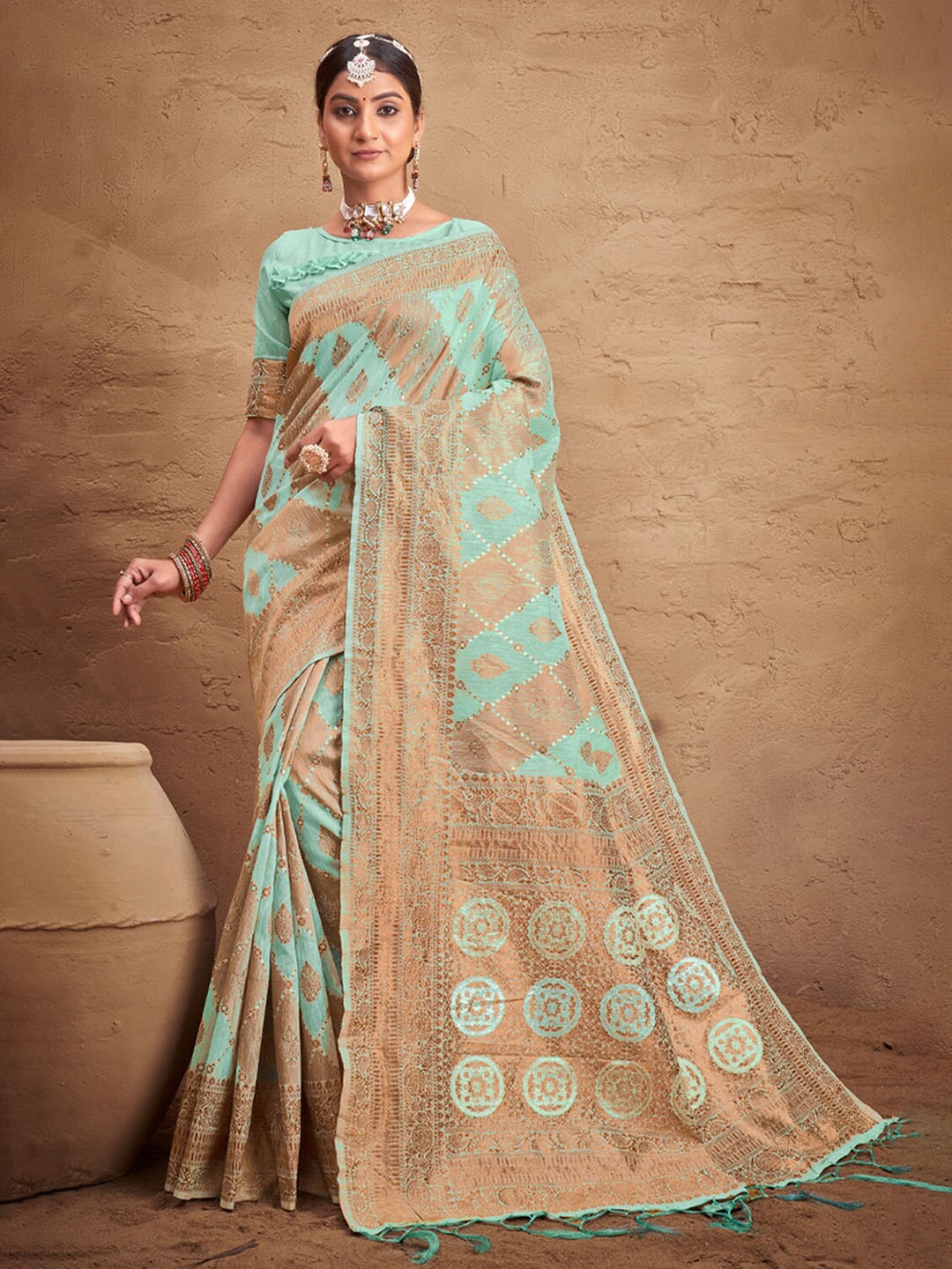 

SANGAM PRINTS Ethnic Motifs Woven Design Zari Saree, Blue