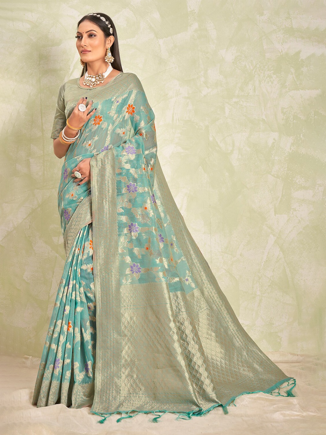 

SANGAM PRINTS Ethnic Motifs Woven Design Zari Saree, Blue