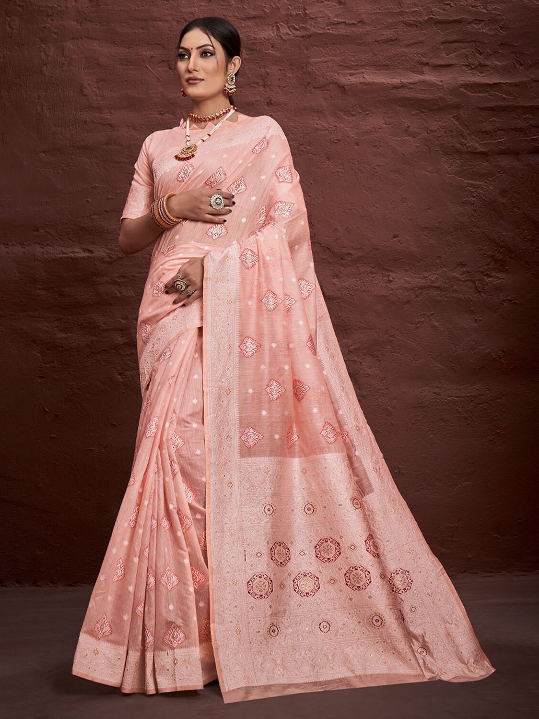 

SANGAM PRINTS Ethnic Motifs Woven Design Zari Saree, Peach