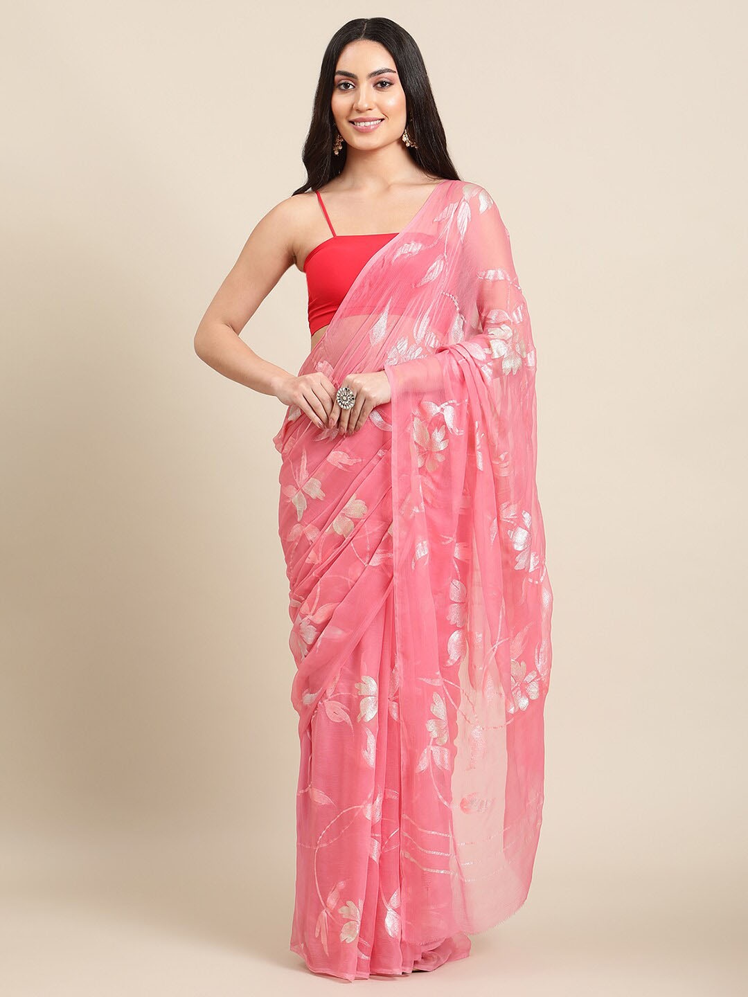 

La Vastraa Floral Pure Chiffon Saree, Pink