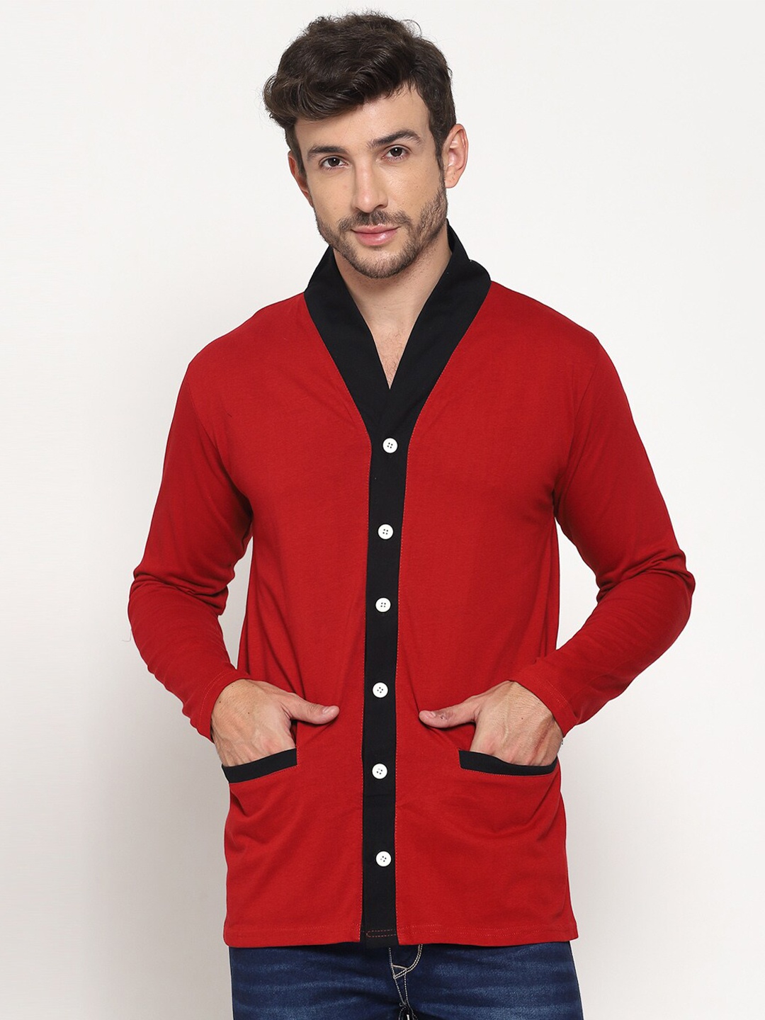

PAUSE SPORT Men V-Neck Cotton Button Shrug, Maroon