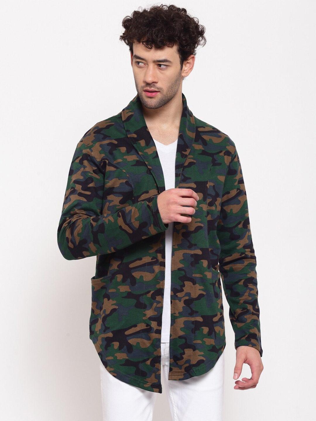

PAUSE SPORT Men Printed Open Front Shrug, Green