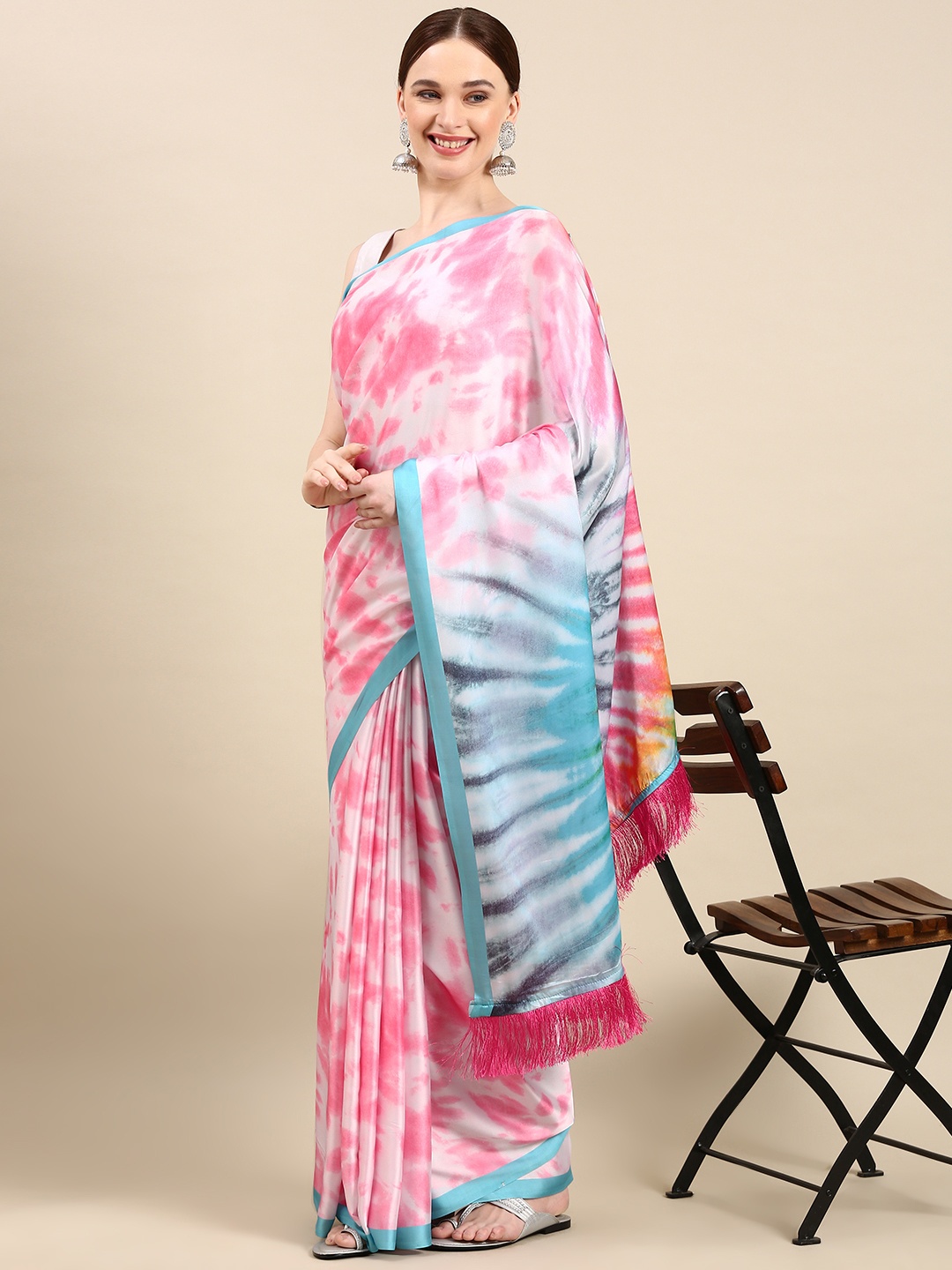 

VASTRANAND Tie and Dye Satin Saree, Pink