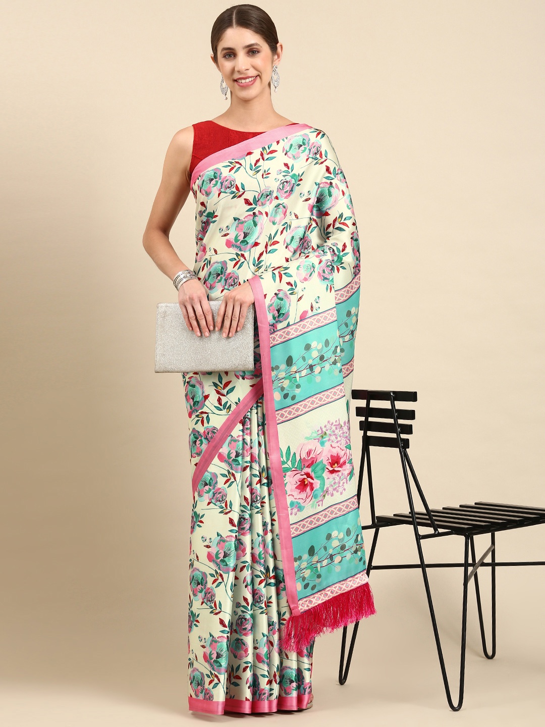 

VASTRANAND Floral Satin Saree, Cream