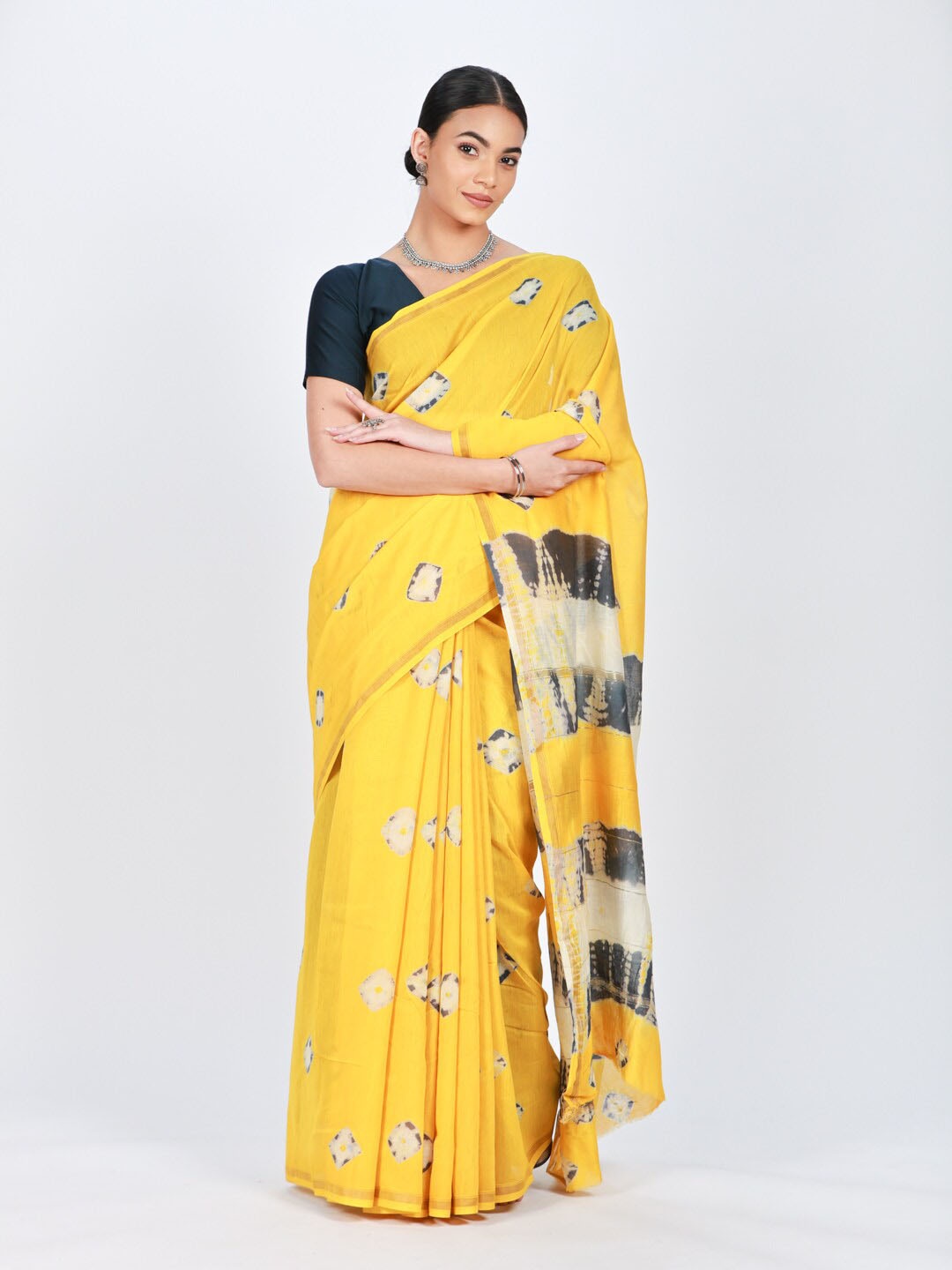 

ReshaWeaves Tie and Dye Zari Silk Cotton Chanderi Saree, Yellow
