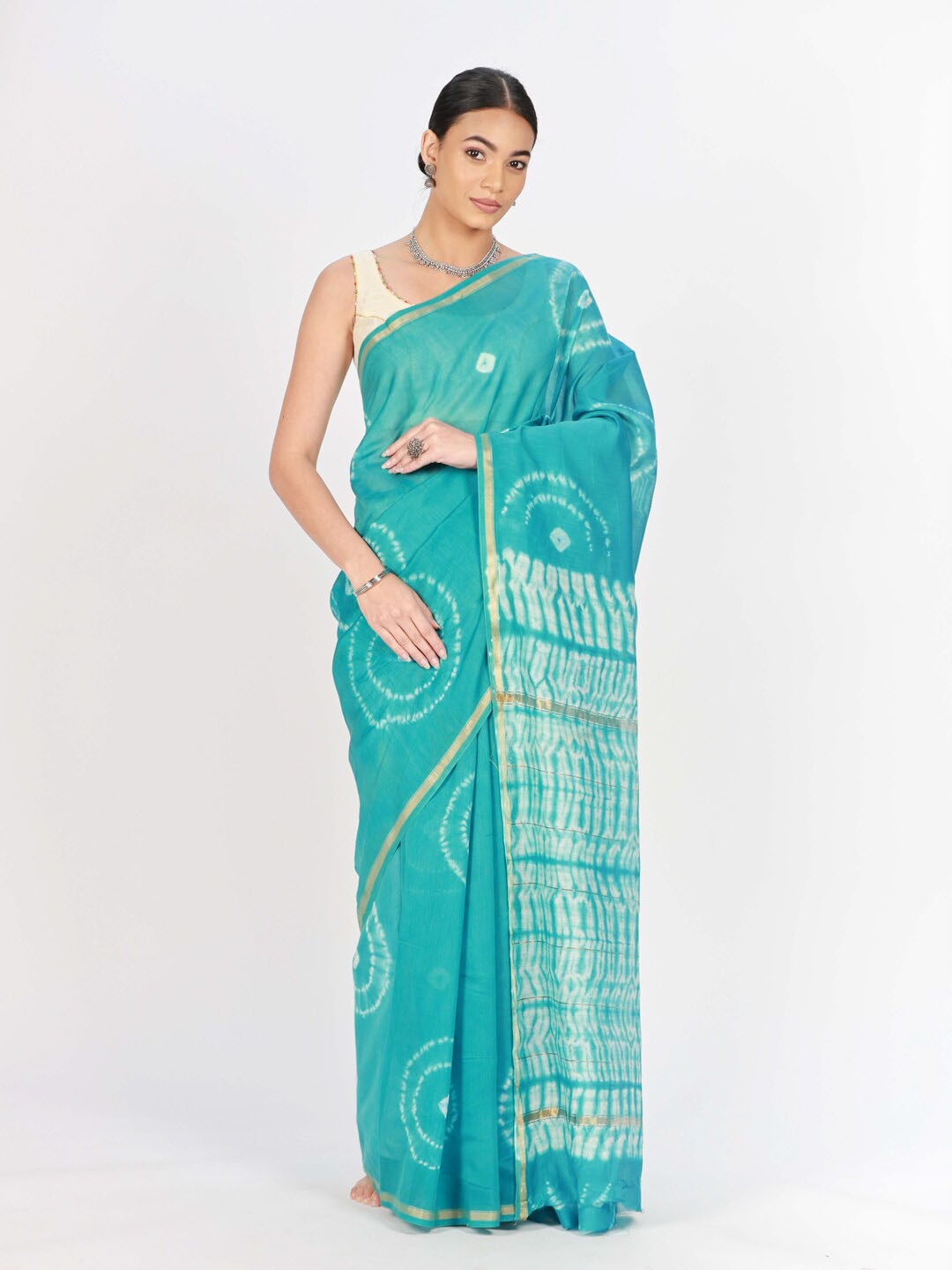 

ReshaWeaves Tie and Dye Zari Silk Cotton Chanderi Saree, Blue