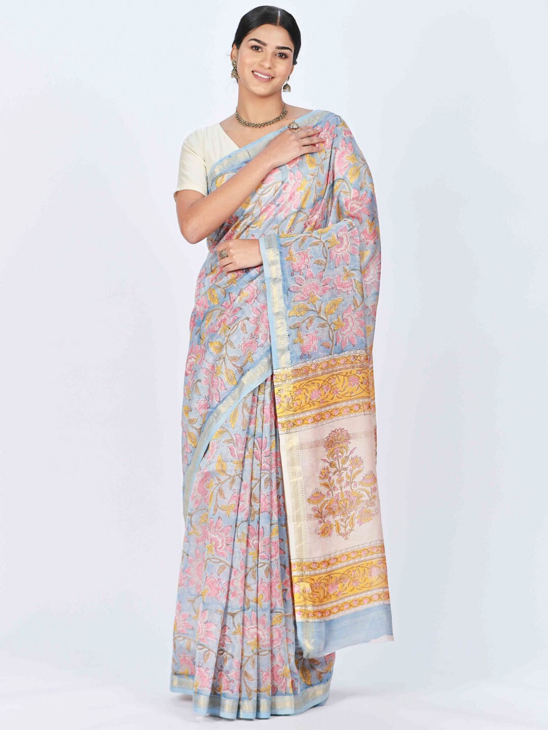 

ReshaWeaves Floral Zari Maheshwari Silk Cotton Block Print Saree, Blue