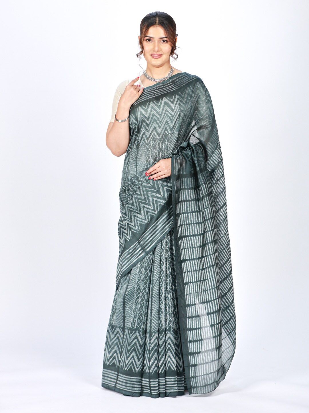 

ReshaWeaves Geometric Printed Pure Silk Chanderi Saree, Green