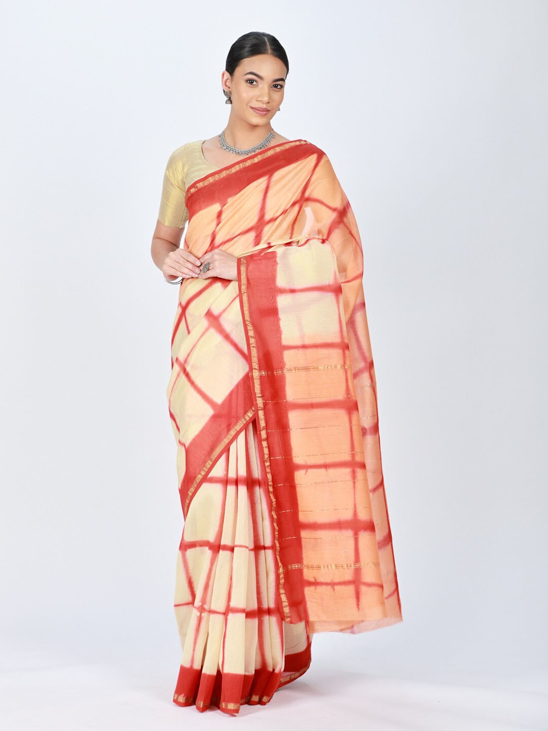 

ReshaWeaves Tie and Dye Zari Silk Cotton Chanderi Saree, Beige