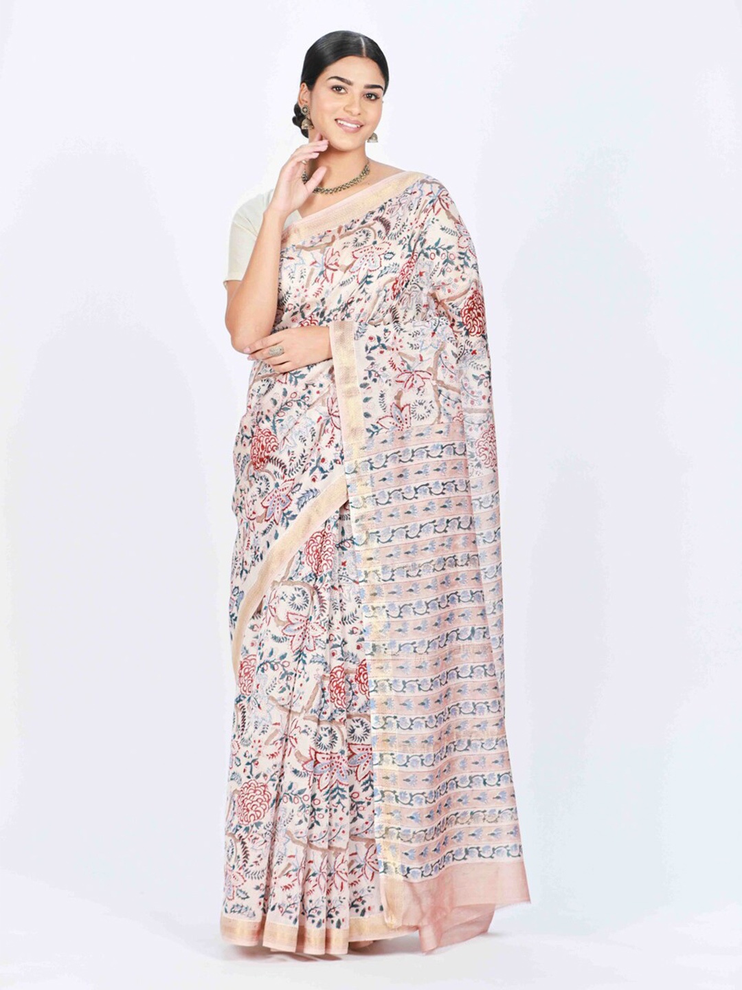 

ReshaWeaves Floral Printed Maheshwari Cotton Silk Zari Block Print Saree, Off white