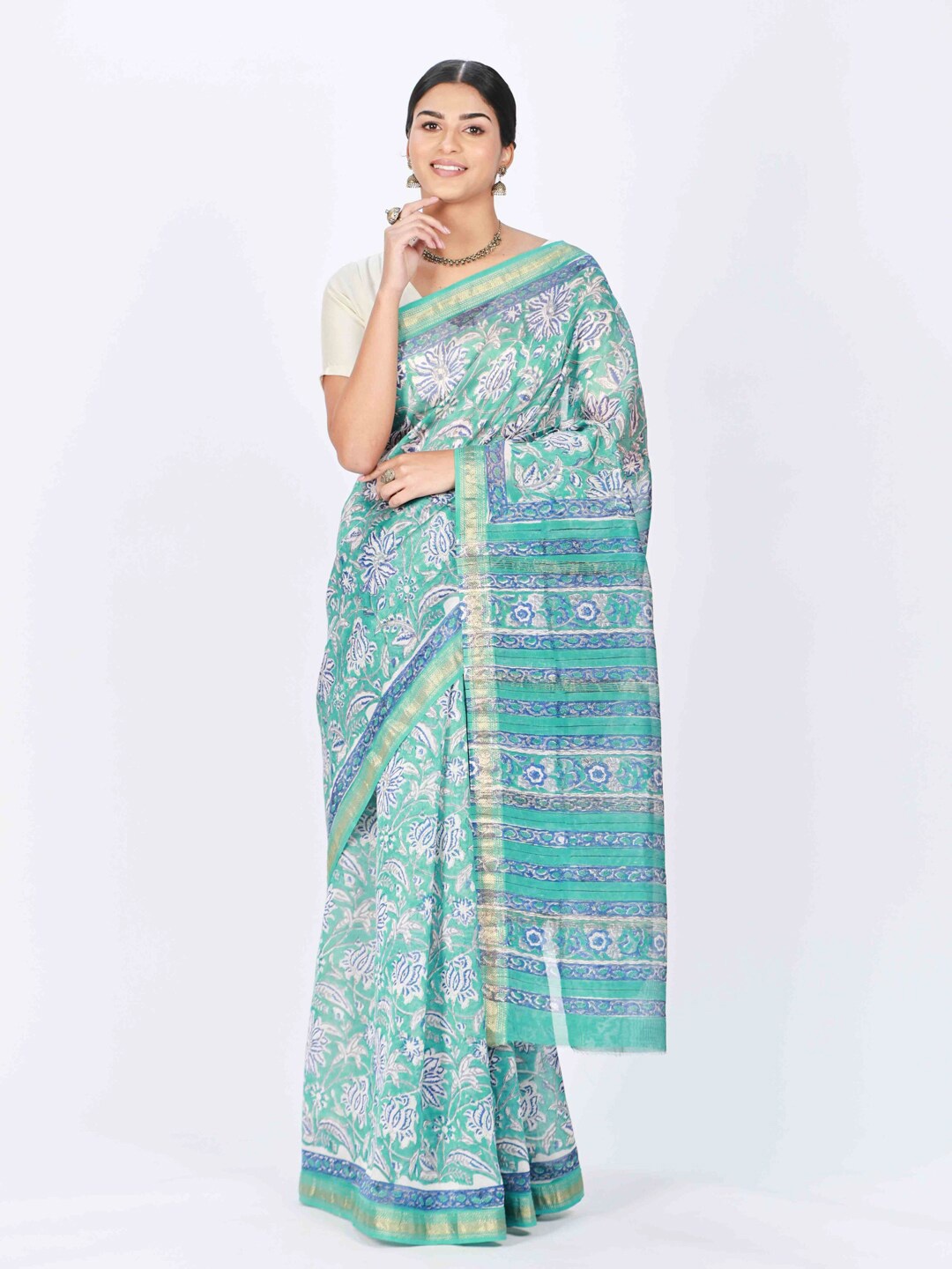

ReshaWeaves Ethnic Motifs Zari Silk Cotton Block Print Saree, Green