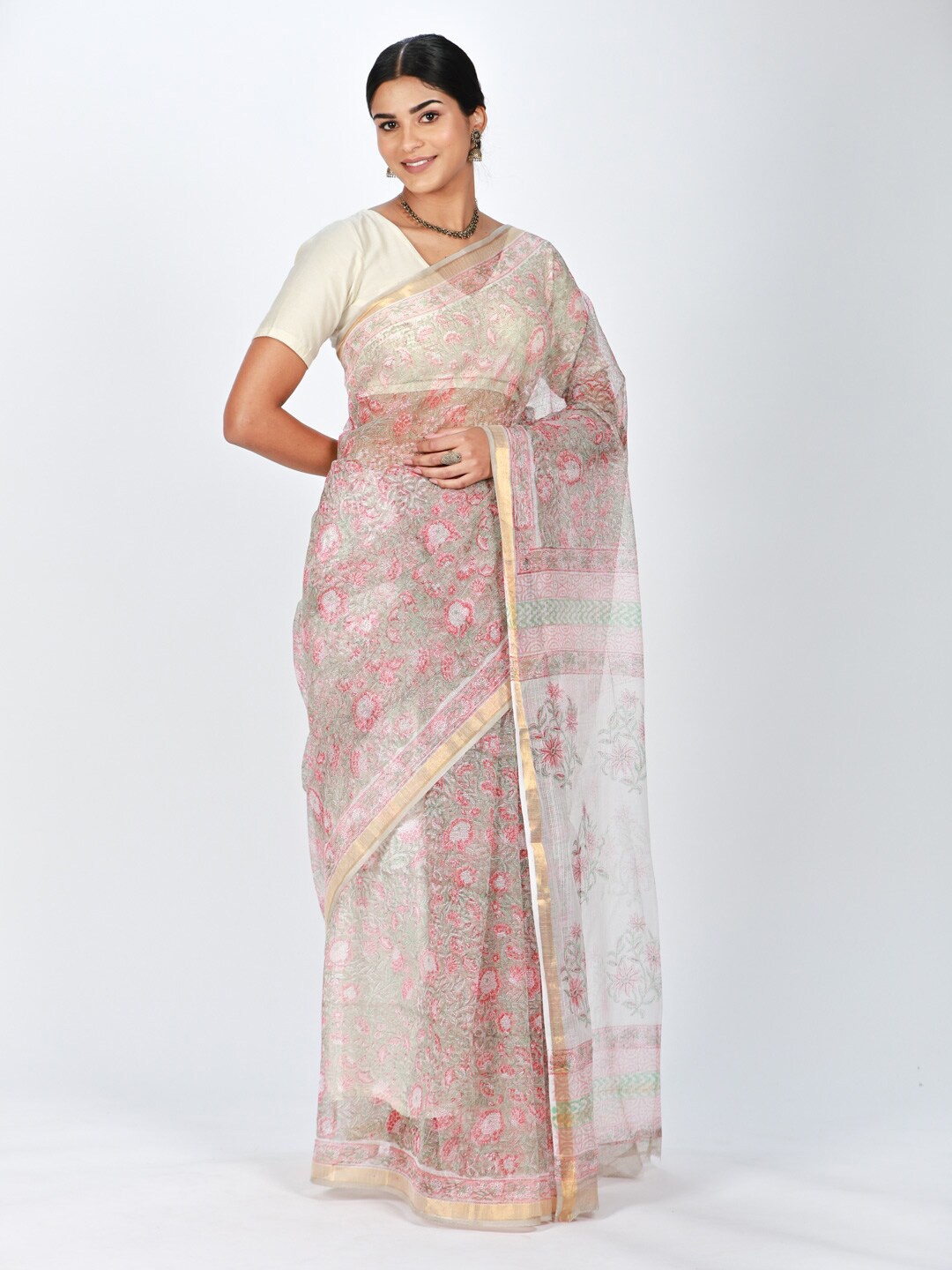 

ReshaWeaves Floral Block Print Zari Pure Cotton Saree, Pink