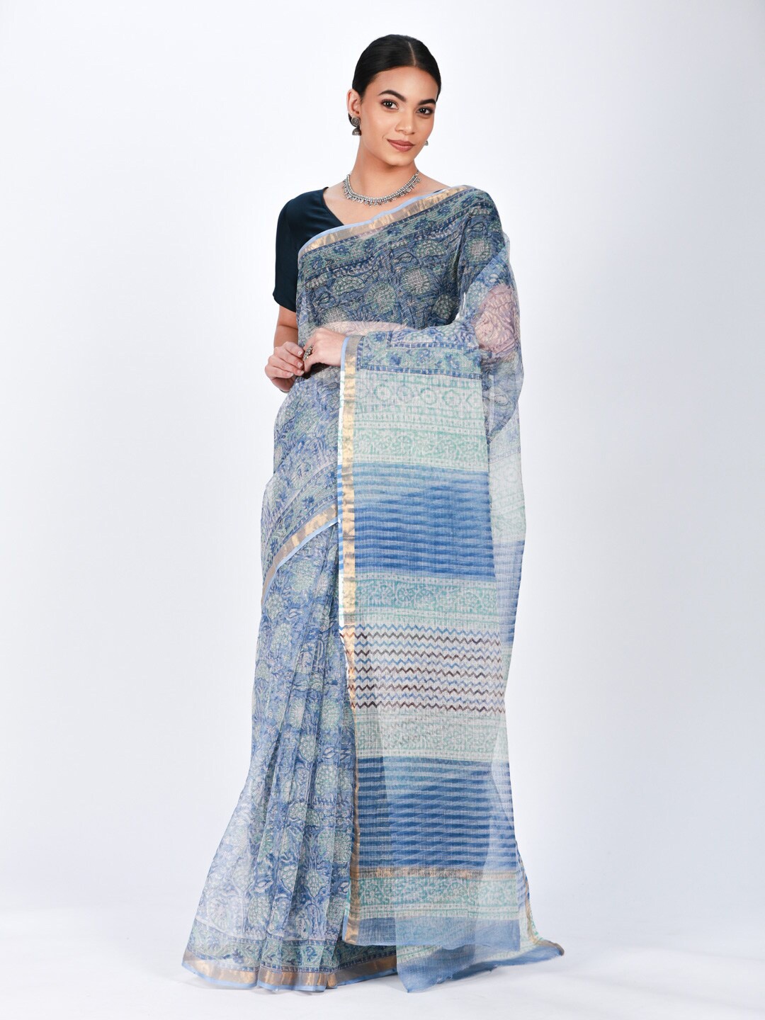 

ReshaWeaves Ethnic Motifs Pure Cotton Block Print Saree, Blue