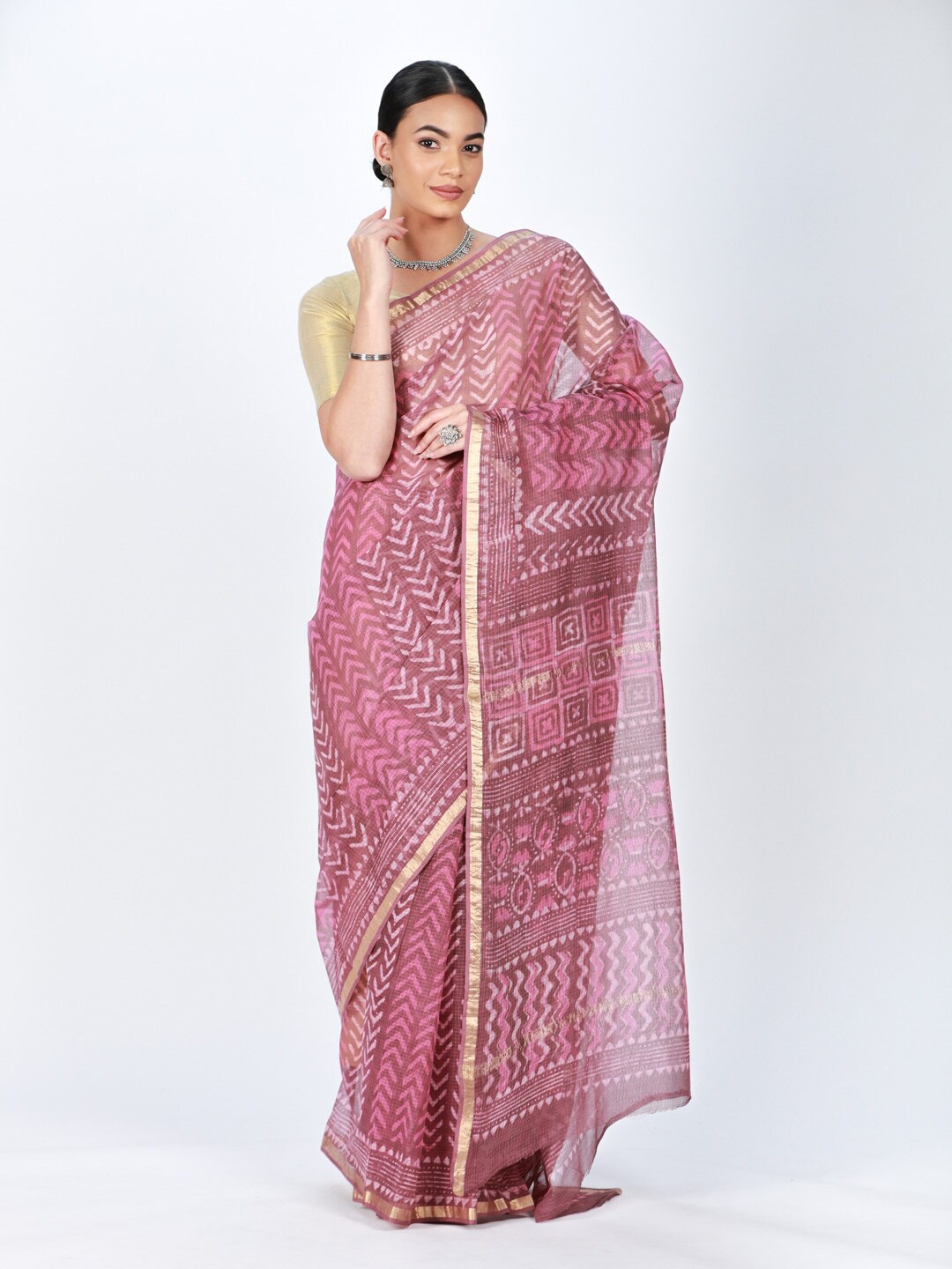 

ReshaWeaves Ethnic Motifs Pure Cotton Block Print Saree, Pink