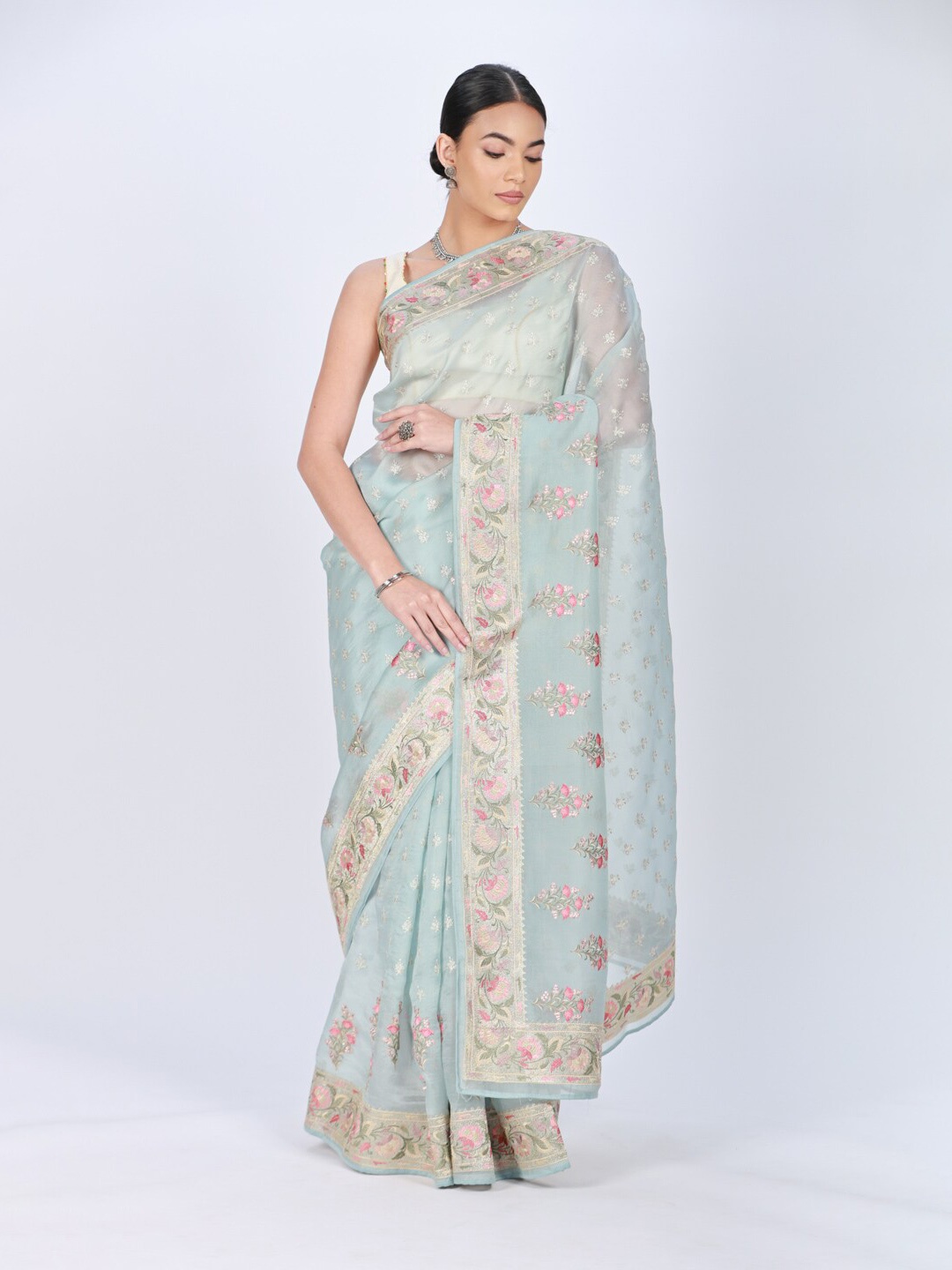 

ReshaWeaves Floral Embroidered Organza Silk Saree, Sea green