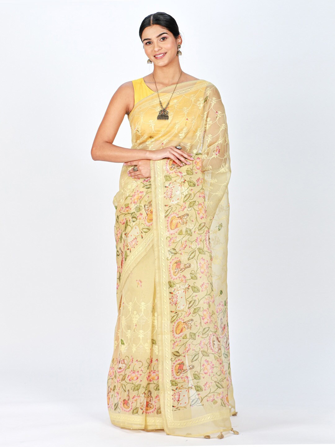 

ReshaWeaves Floral Embroidered Organza Saree, Yellow