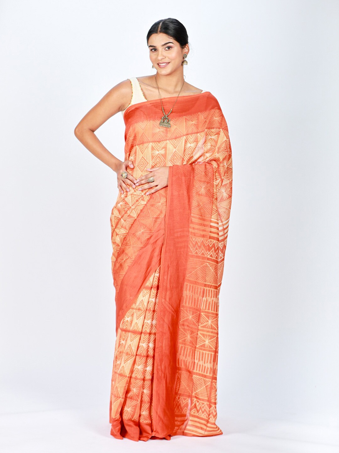 

ReshaWeaves Geometric Printed Pure Silk Chanderi Saree, Orange