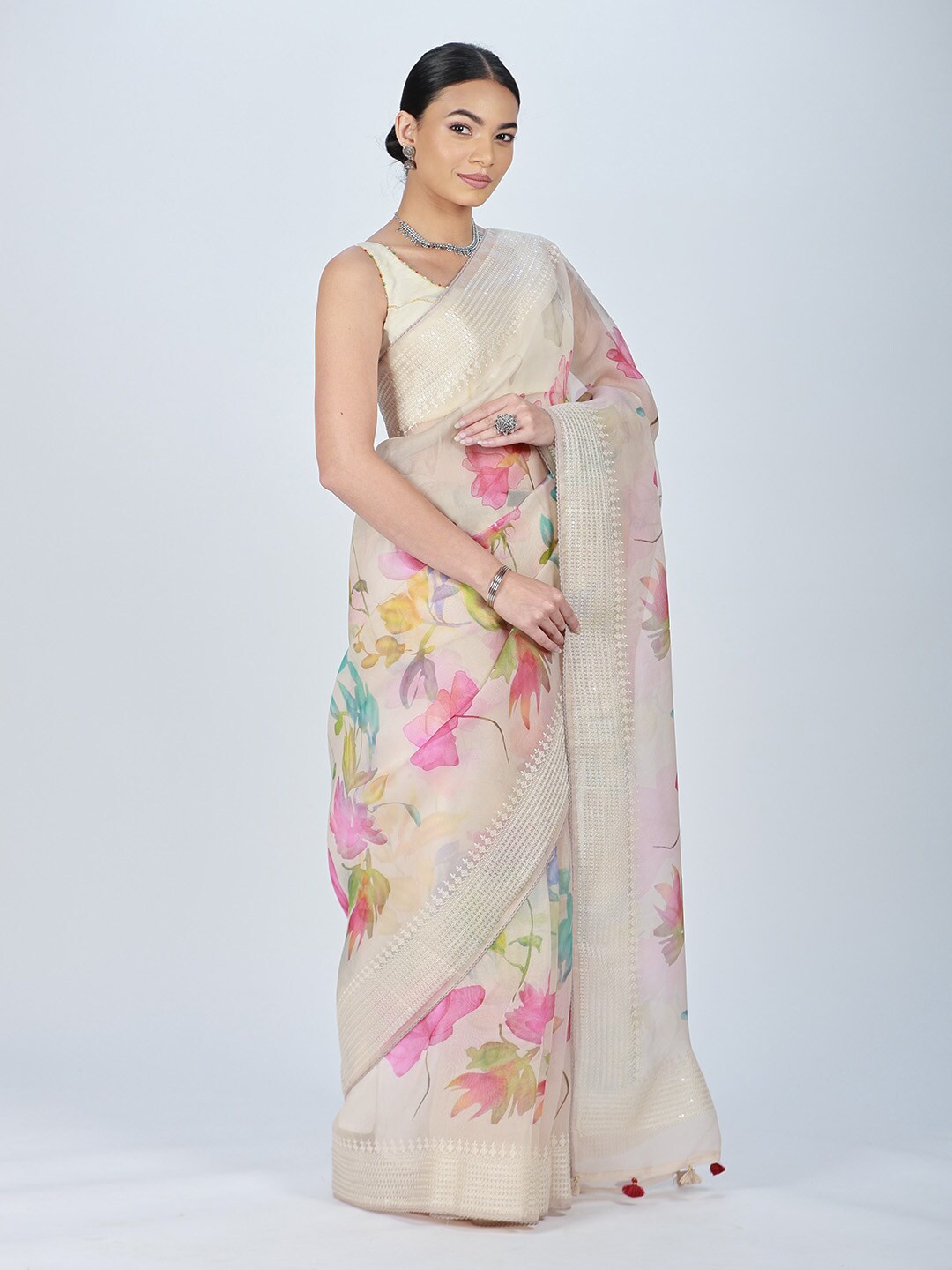 

ReshaWeaves Floral Printed Border Embroidered Organza Saree, Off white