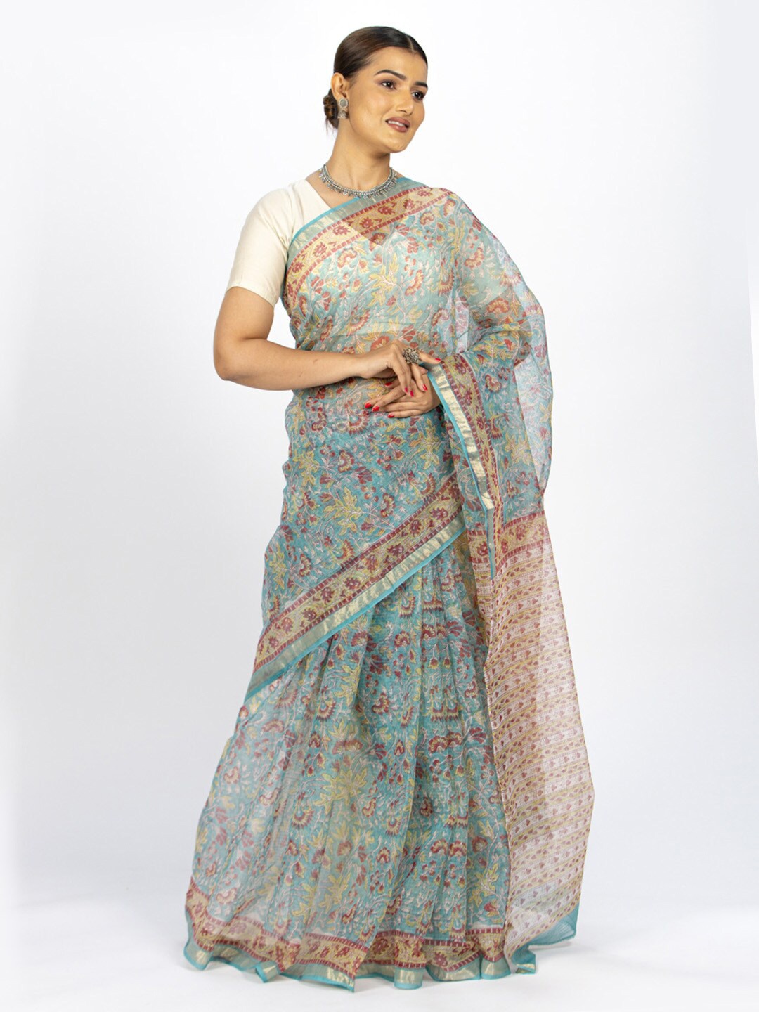 

ReshaWeaves Floral Motif Block Print Pure Cotton Saree, Blue