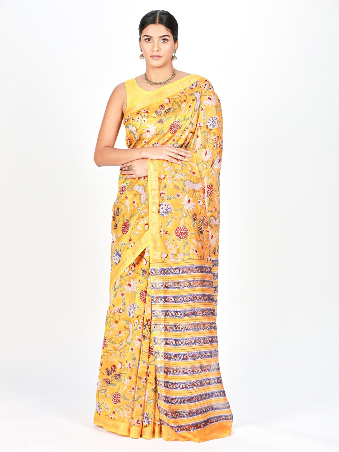 

ReshaWeaves Floral Motif Block Print Silk Cotton Saree, Yellow