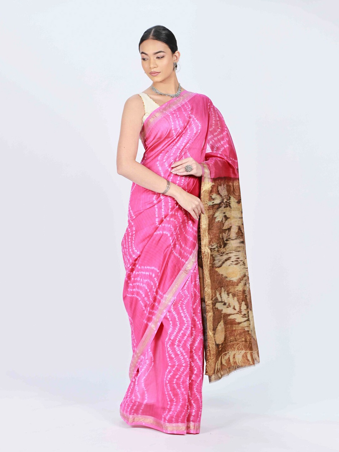 

ReshaWeaves Bandhani Zari Silk Cotton Maheshwari Saree, Pink