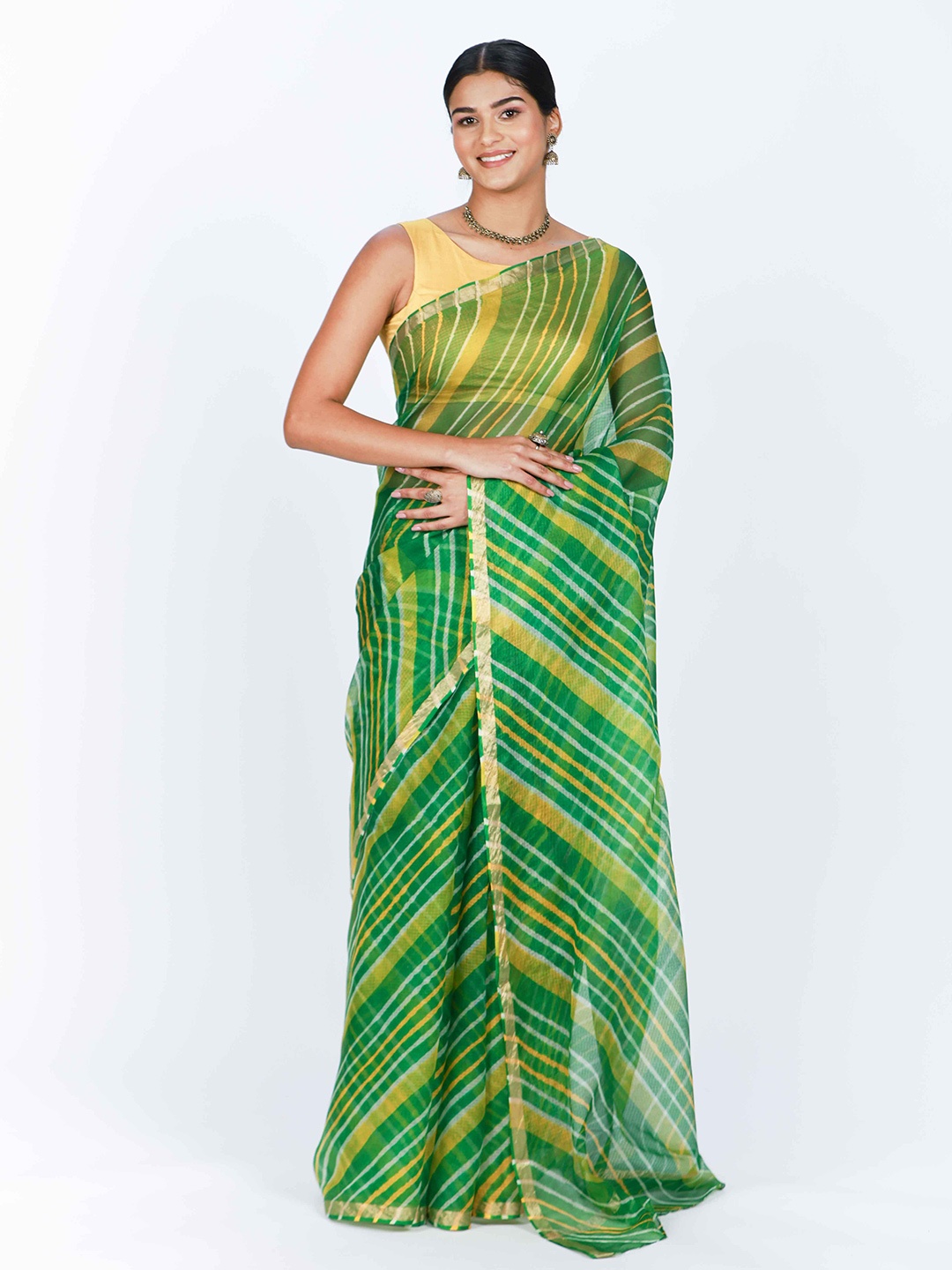 

ReshaWeaves Leheriya Zari Pure Silk Saree, Green