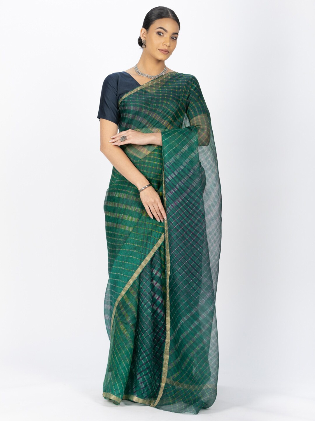 

ReshaWeaves Checked Zari Pure Silk Leheriya Saree, Green