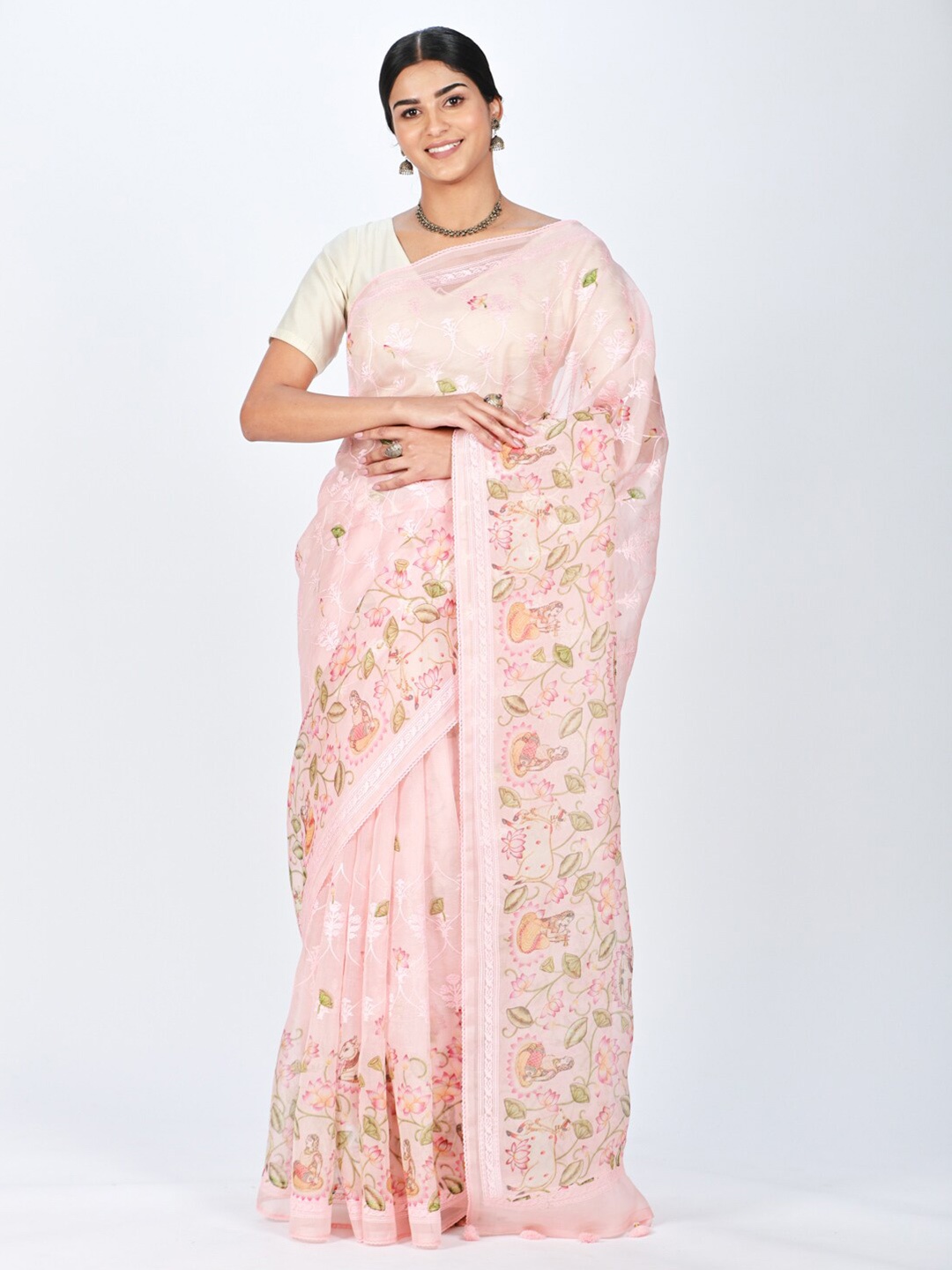 

ReshaWeaves Floral Printed Embroidered Organza Saree, Pink