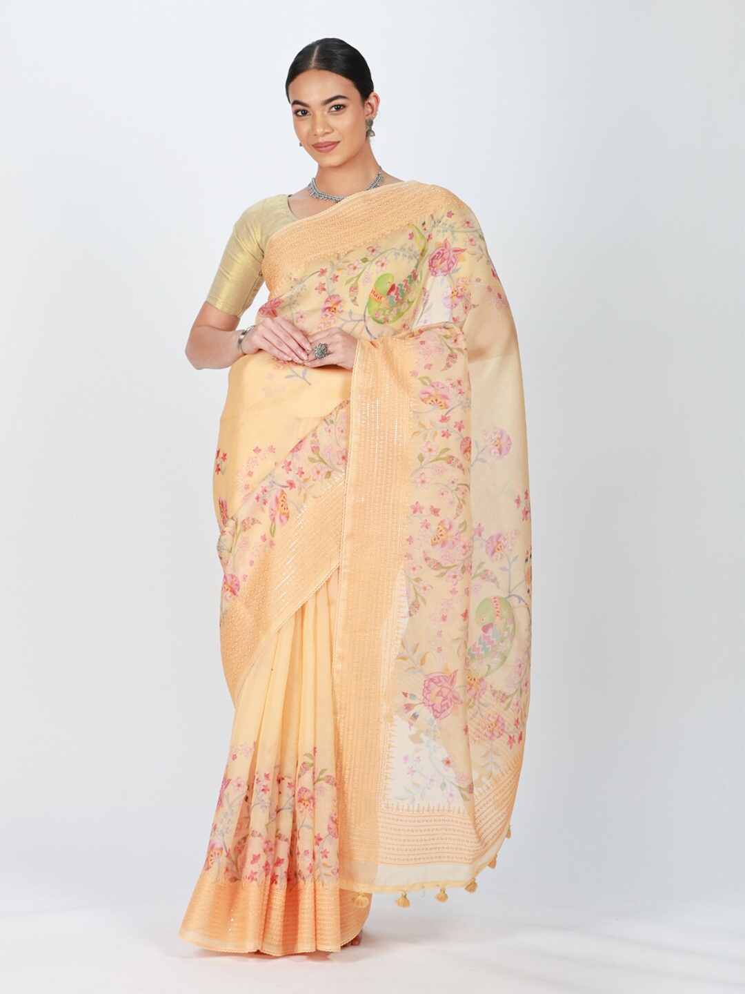 

ReshaWeaves Floral Printed Embroidered Border Organza Saree, Beige