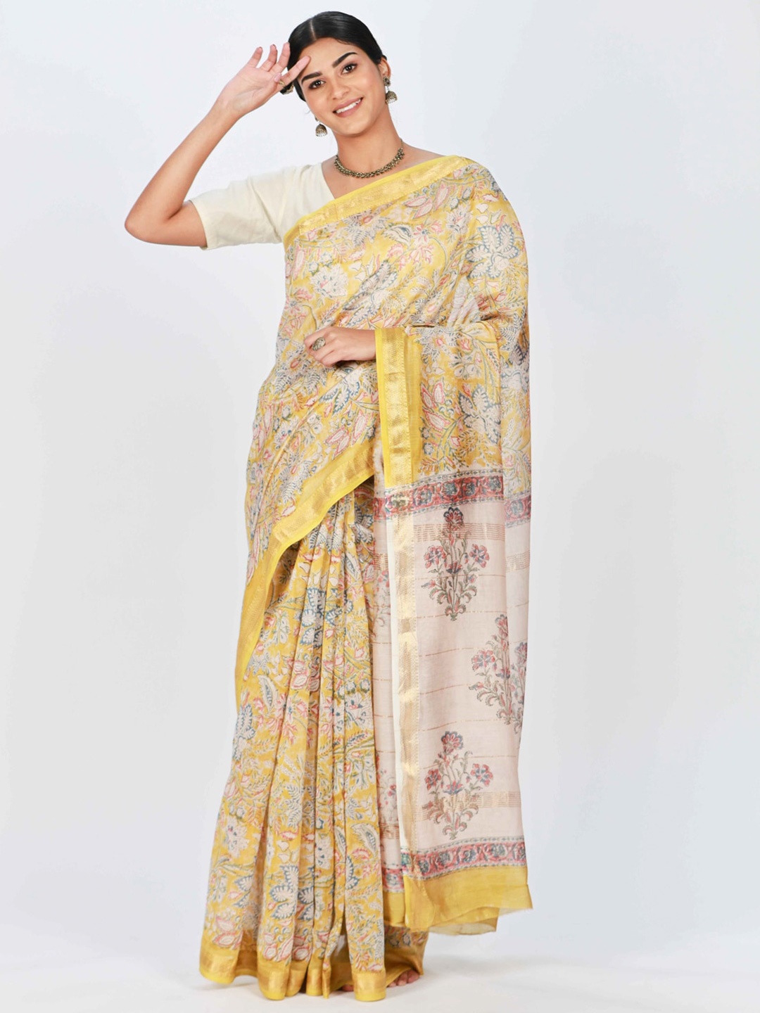 

ReshaWeaves Floral Motifs Block Print Silk Cotton Saree, Yellow