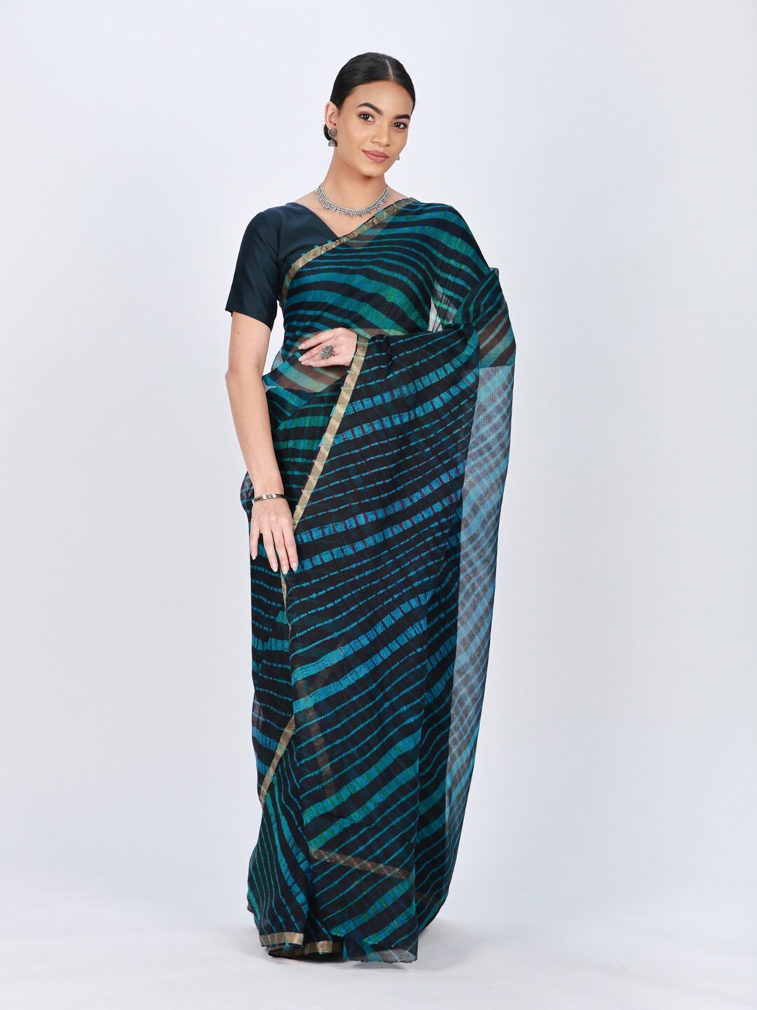 

ReshaWeaves Printed Zari Pure Silk Leheriya Saree, Blue