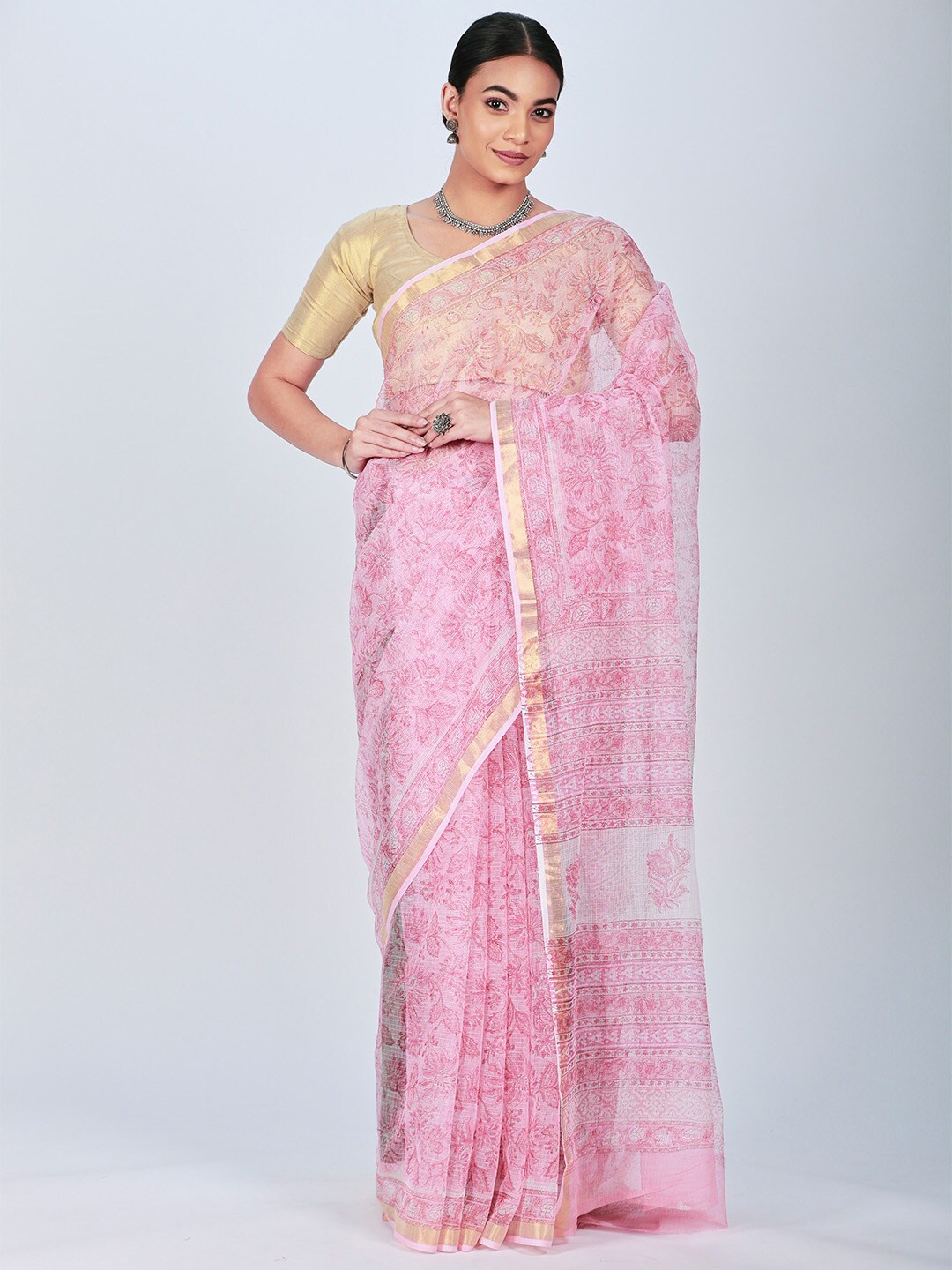 

ReshaWeaves Floral Pure Cotton Block Print Saree, Pink