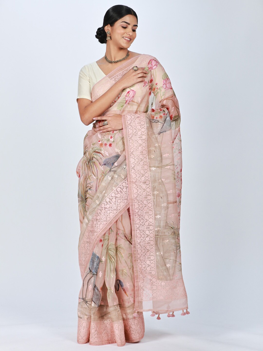 

ReshaWeaves Floral Embroidered Organza Saree, Pink