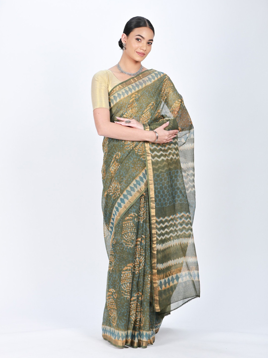 

ReshaWeaves Paisley Motifs Zari Pure Cotton Block Print Saree, Green