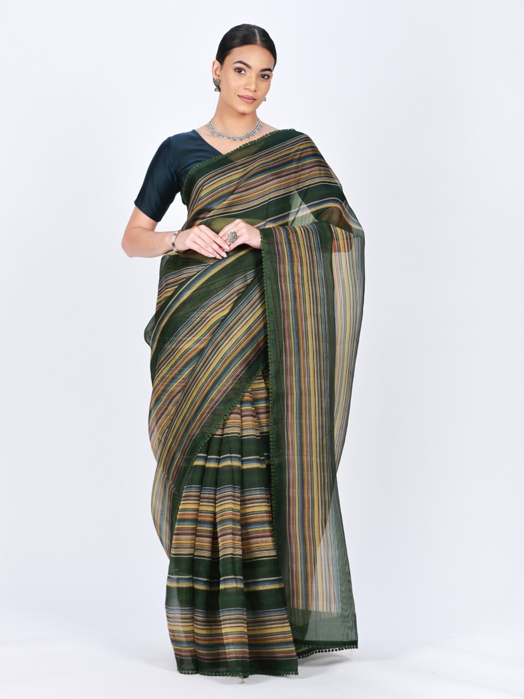 

ReshaWeaves Printed Striped Organza Saree, Green