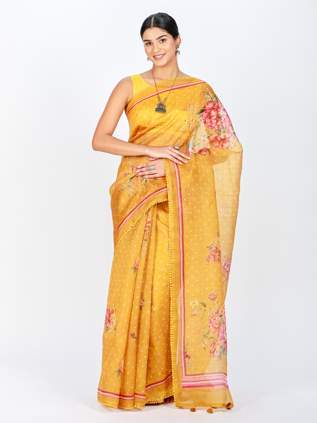 

ReshaWeaves Floral Printed Organza Saree, Mustard