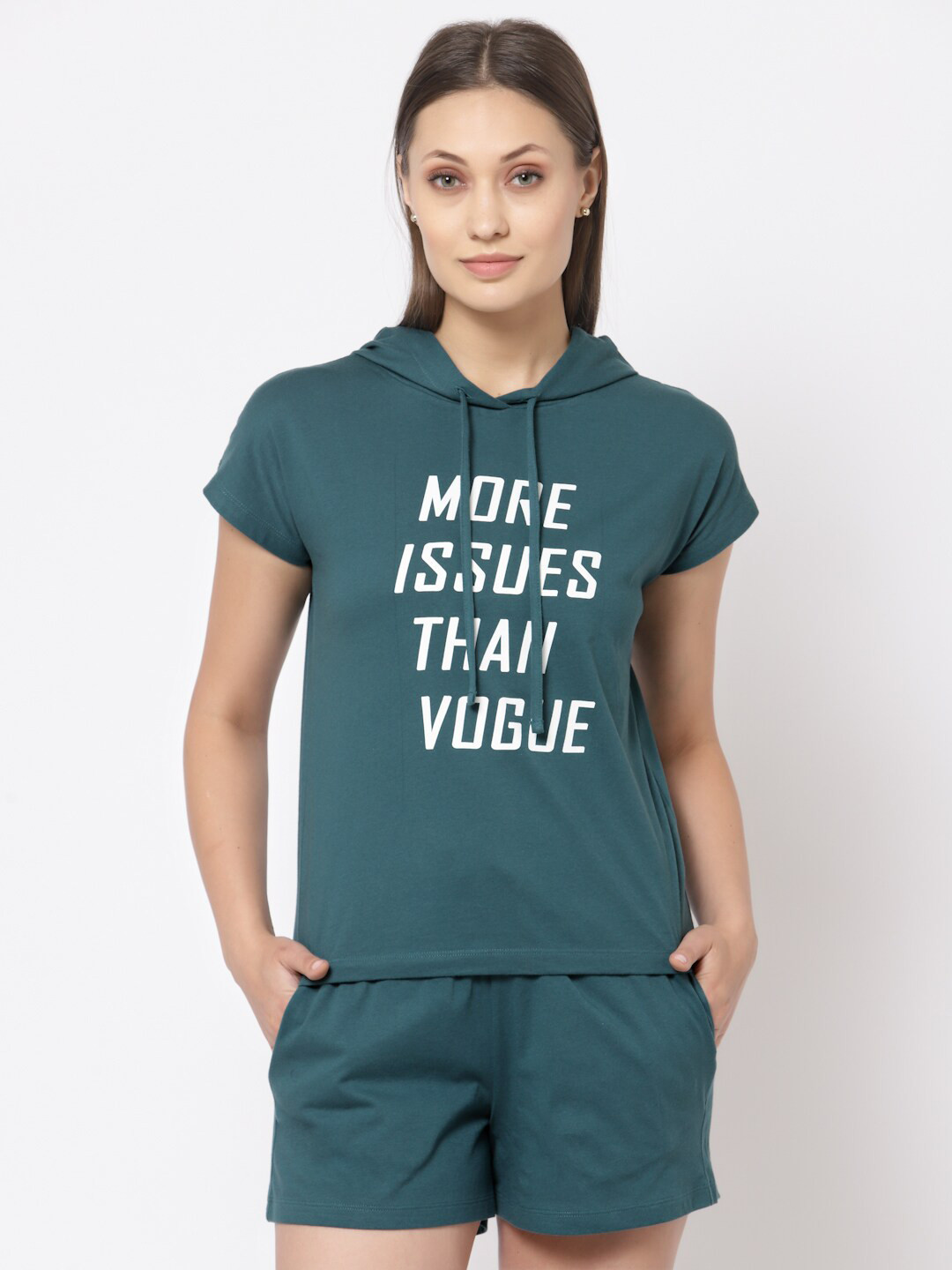 

YOONOY Women Printed Hooded Pure Cotton T-shirt with Shorts Co-Ord Set, Green