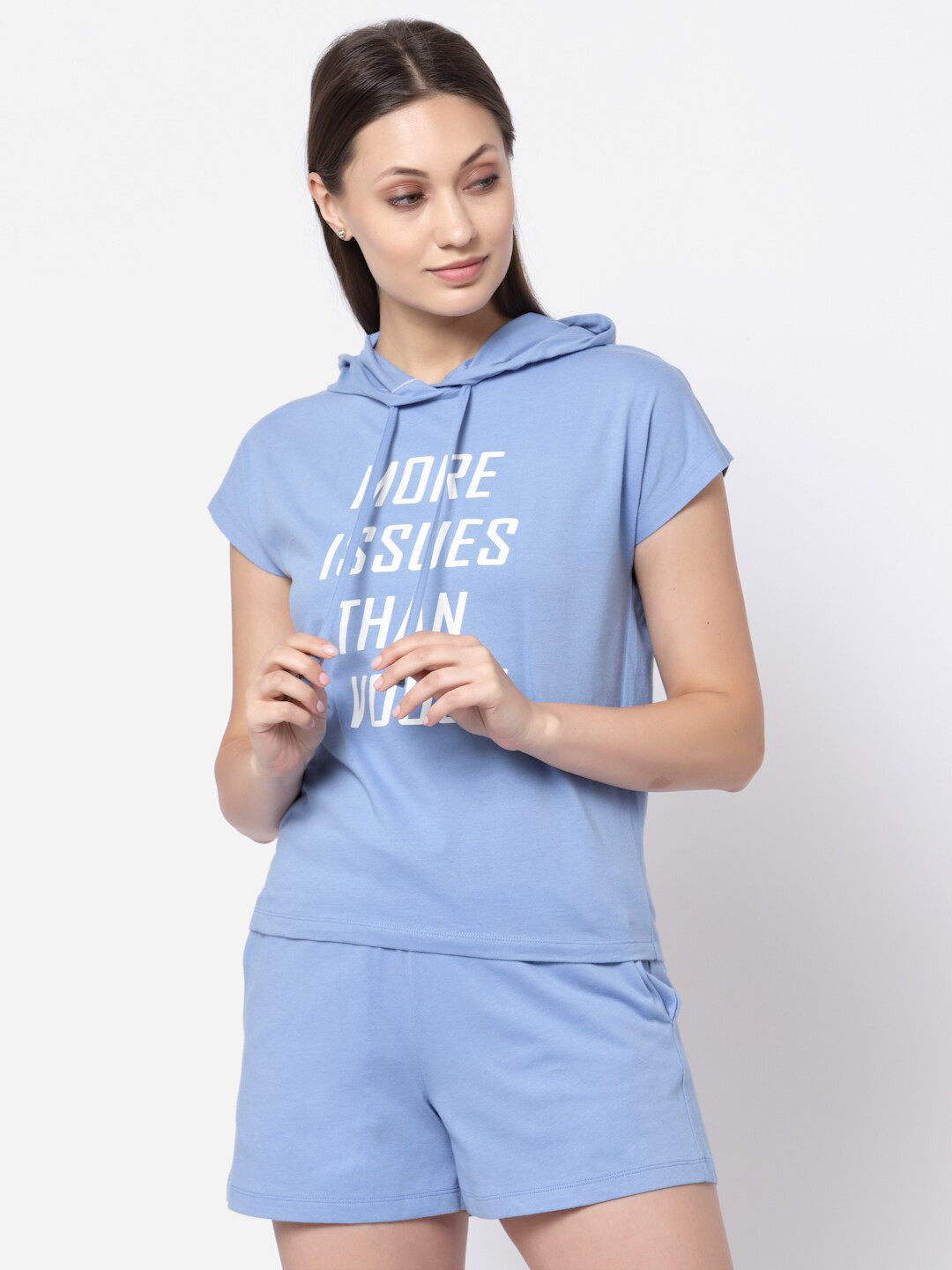 

YOONOY Women Printed Hooded Pure Cotton T-shirt with Shorts Co-Ord Set, Blue