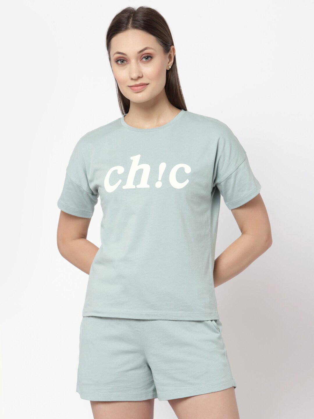 

YOONOY Women Printed Pure Cotton T-shirt with Shorts Co-Ord Set, Sea green