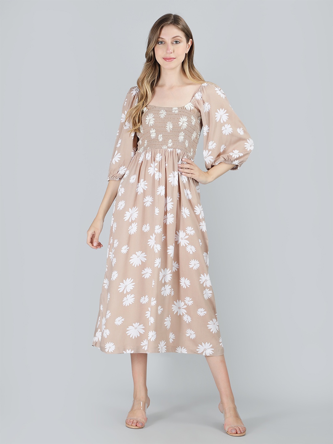 

Aditi Wasan Puff Sleeves Smocked Floral Printed Midi Dress, Beige