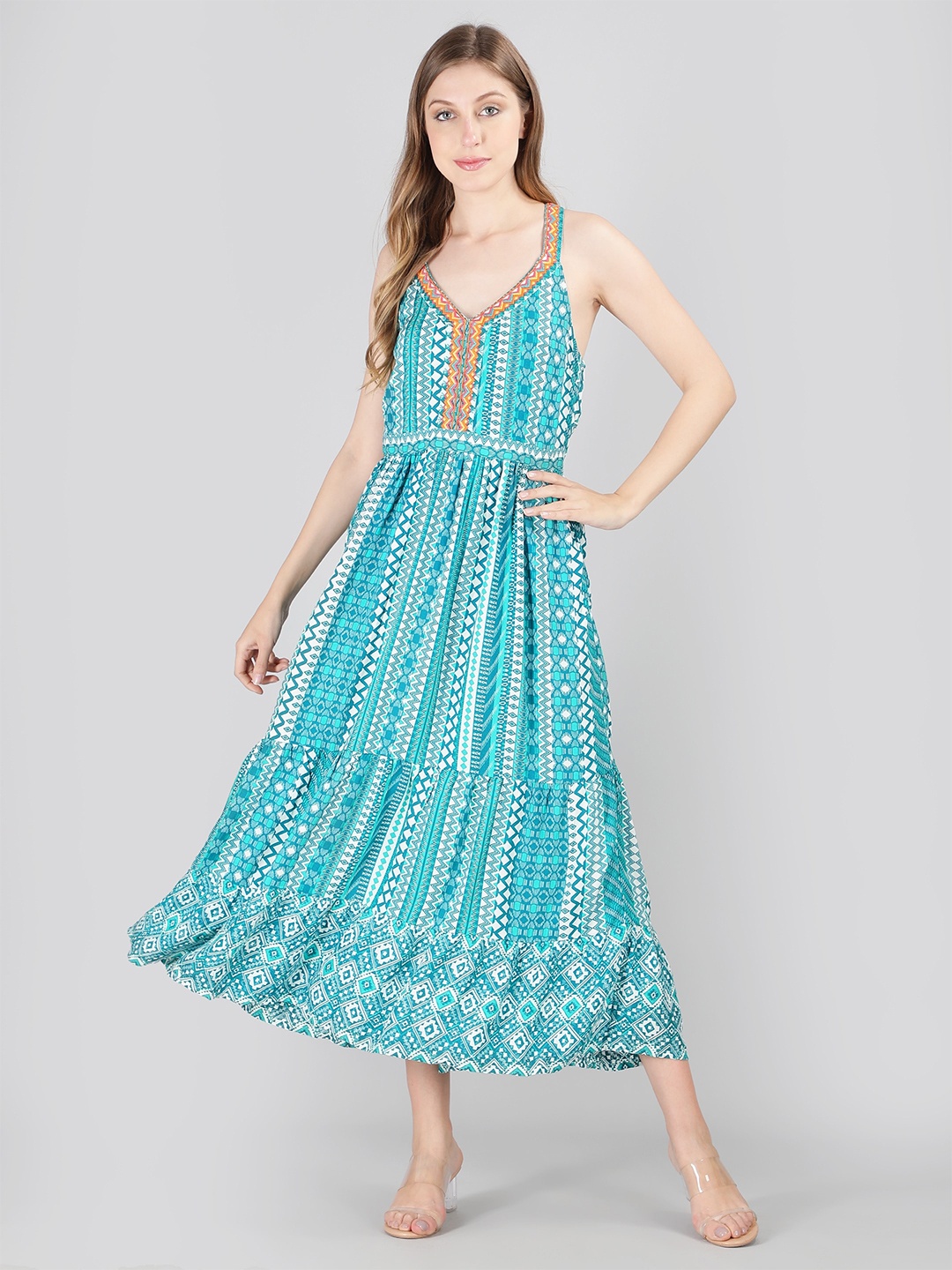 

Aditi Wasan Geometric Printed A-Line Midi Tiered Dress, Turquoise blue
