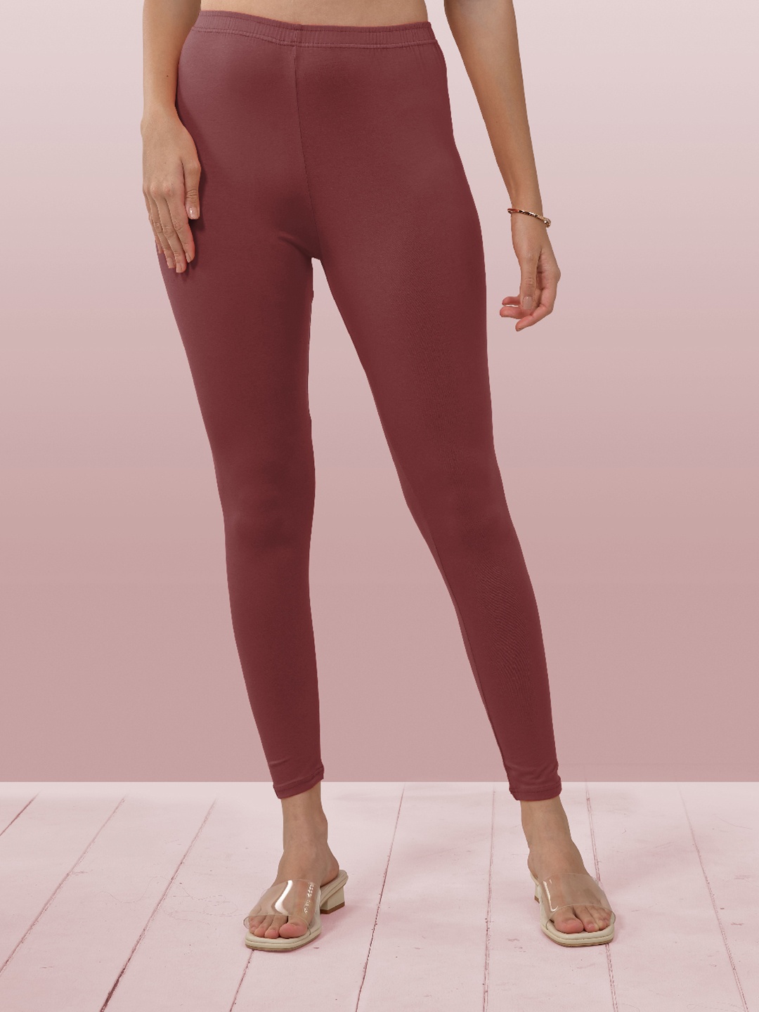 

LYRA Women 4-Way Stretch Sculpting Seam Mid Rise Ankle Length Leggings, Brown