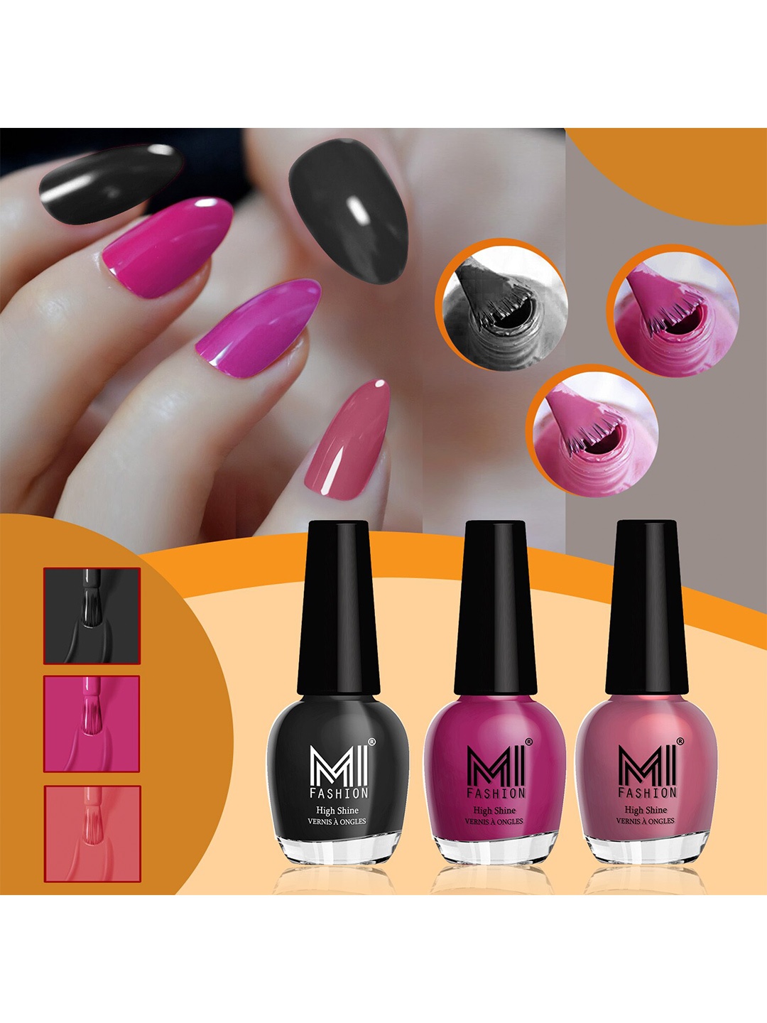 

MI FASHION Vernis A Ongles Set Of 3 High-Shine Nail Polish -JetBlack,BrightPlum,MauveBrown, Brown