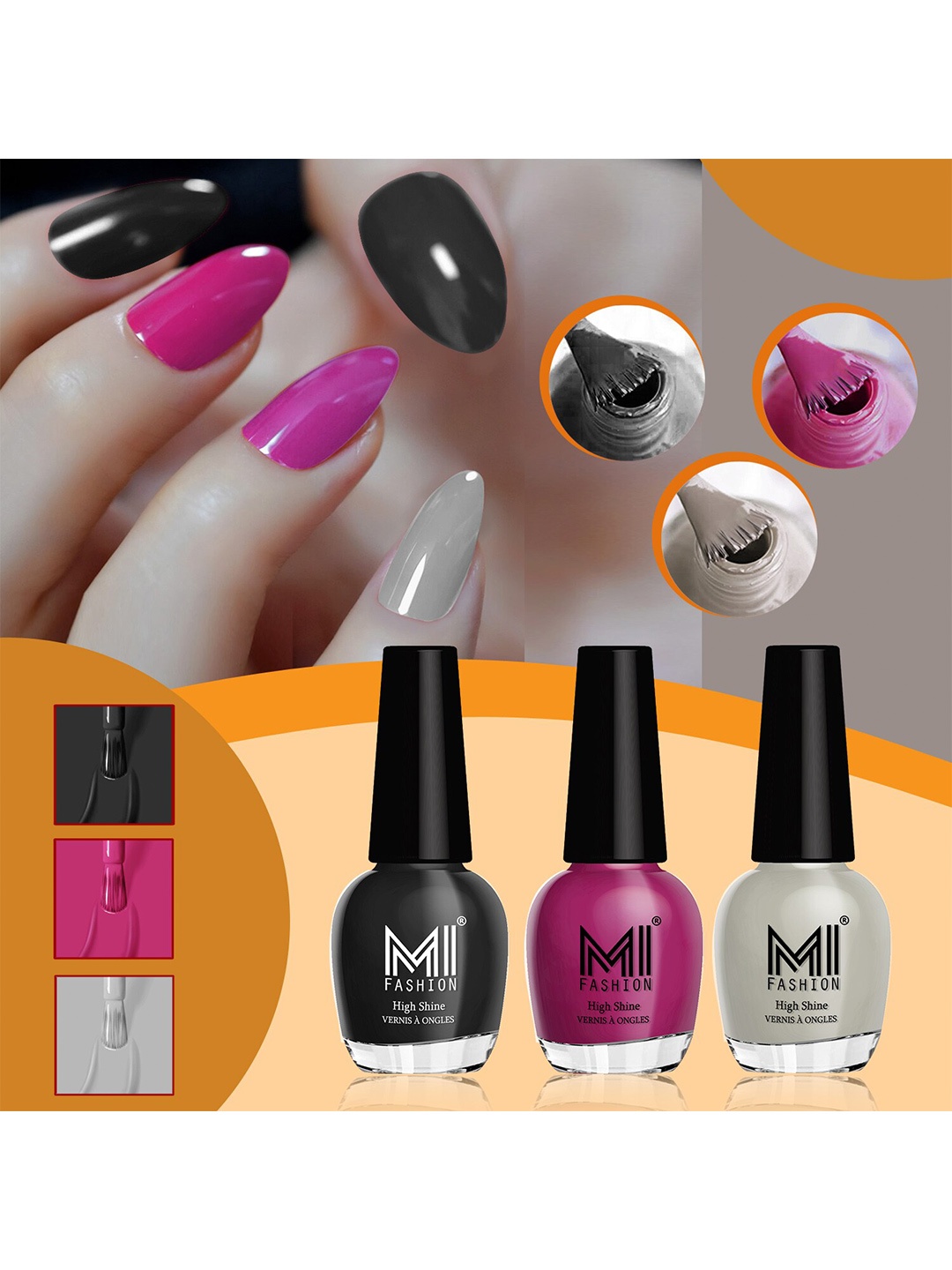 

MI FASHION Vernis A Ongles Set Of 3 High-Shine Nail Polish - JetBlack,BrightPlum,LightNude, Nude